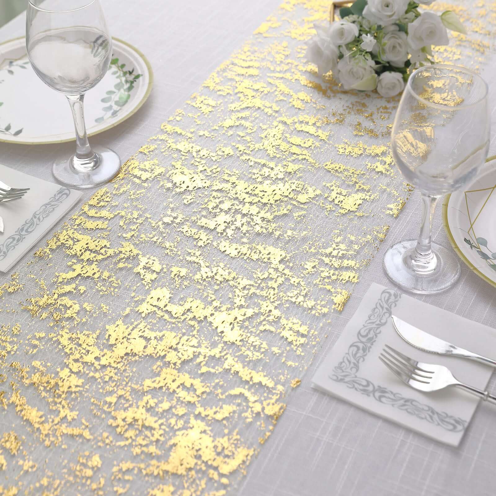 Mesh Polyester 108" Table Runner Roll Metallic Gold Distressed Foil Printing Design - Disposable Stylish Party Table Decor