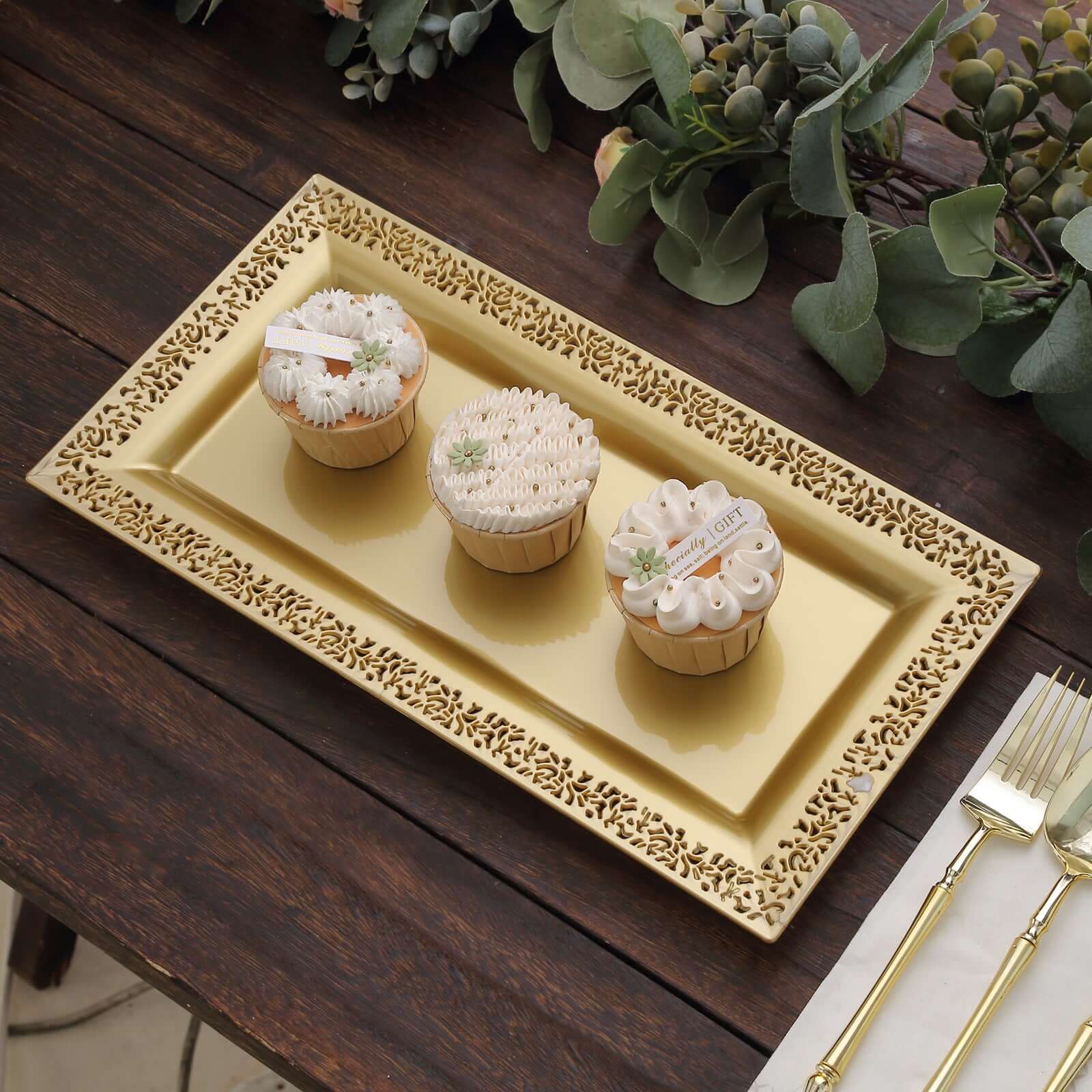 4-Pack Plastic 14" Rectangle Serving Trays Gold with Lace Rim - Chic Decorative Table Tray Platters for Buffets Banquets Dinner Parties