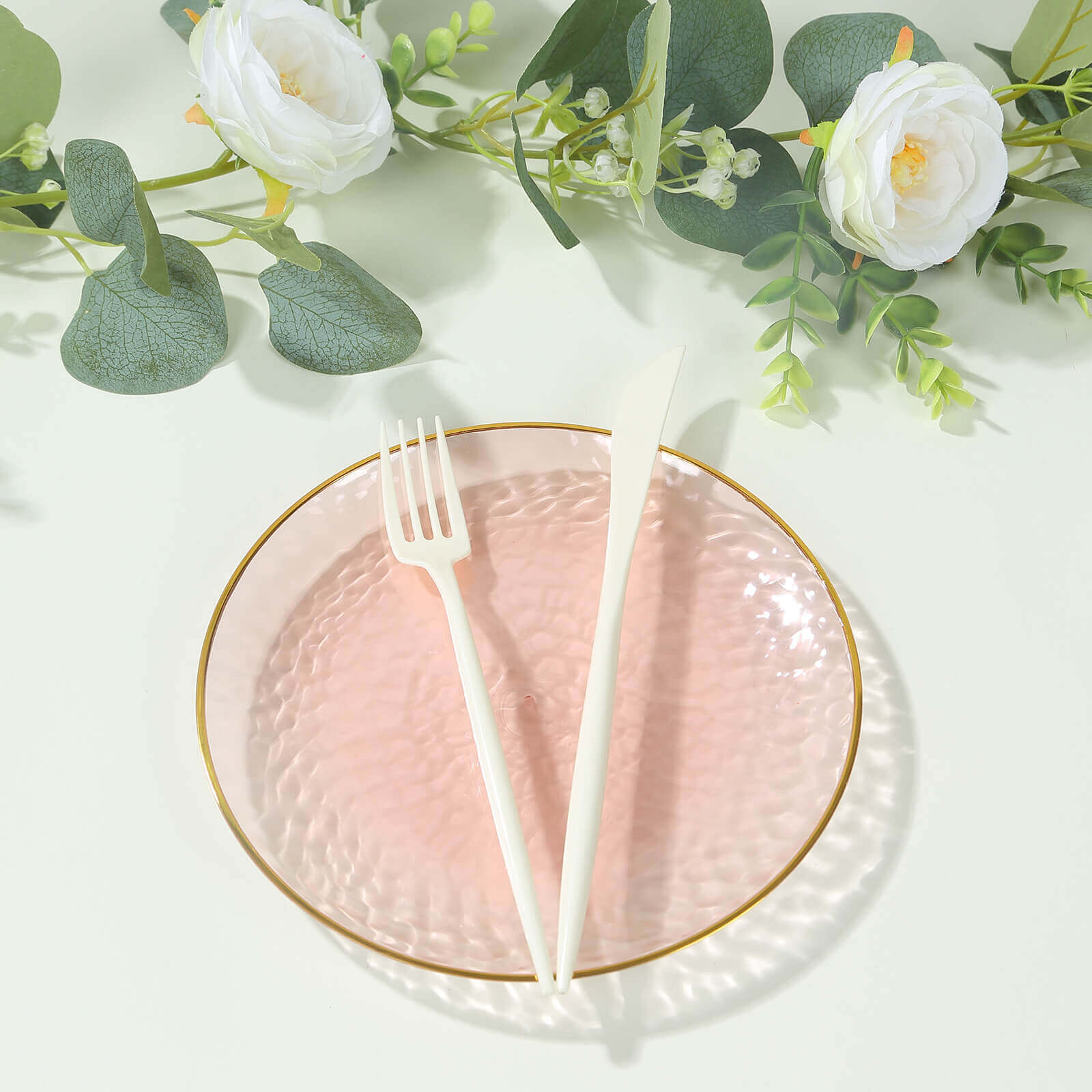 10-Pack Plastic 7" Round Dessert Appetizer Plates in Transparent Blush Hammered Design with Gold Rim - Modern Disposable Salad Plates