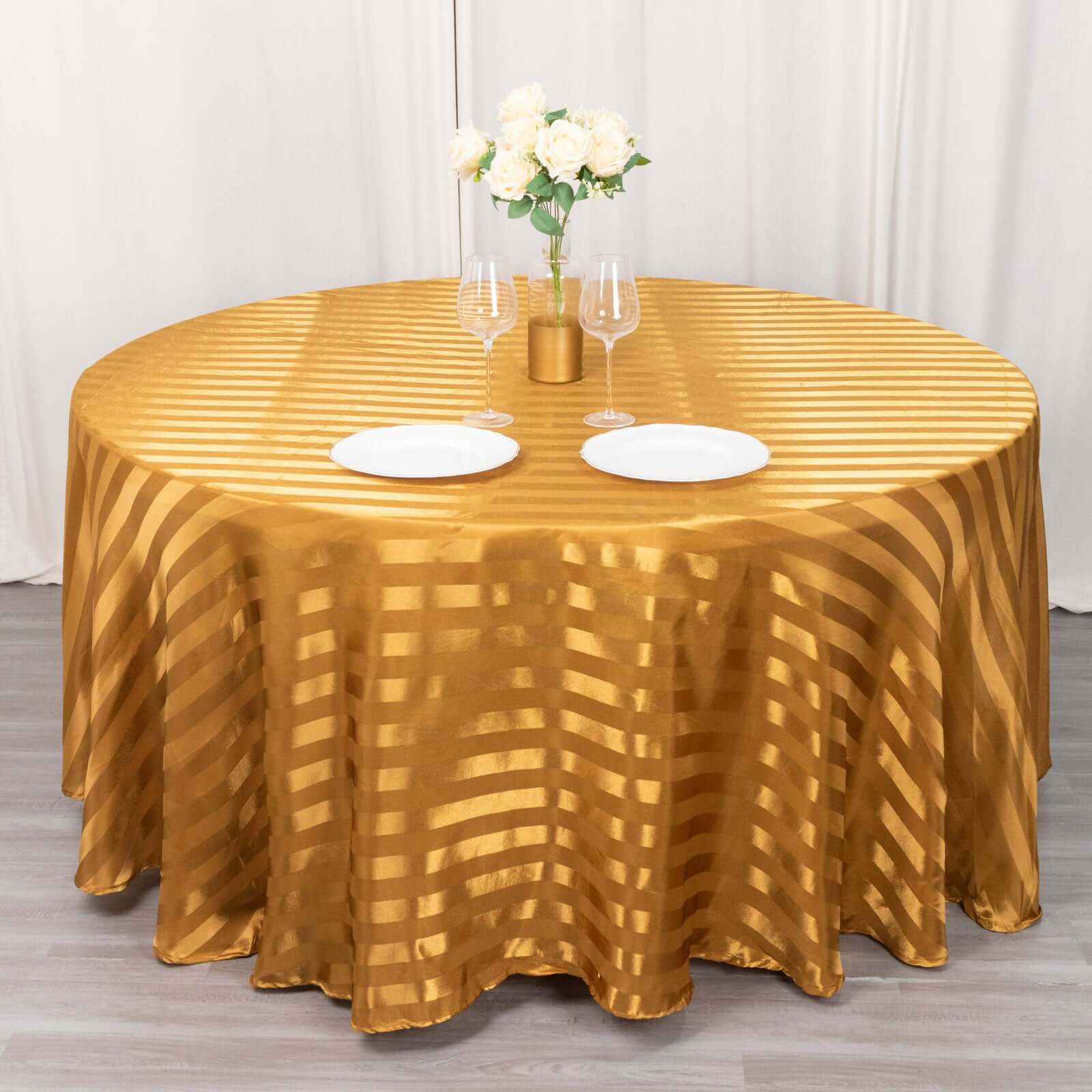 Satin Striped 120" Round Tablecloth Gold Satin Stripe - Silky Smooth Seamless Wedding Decor