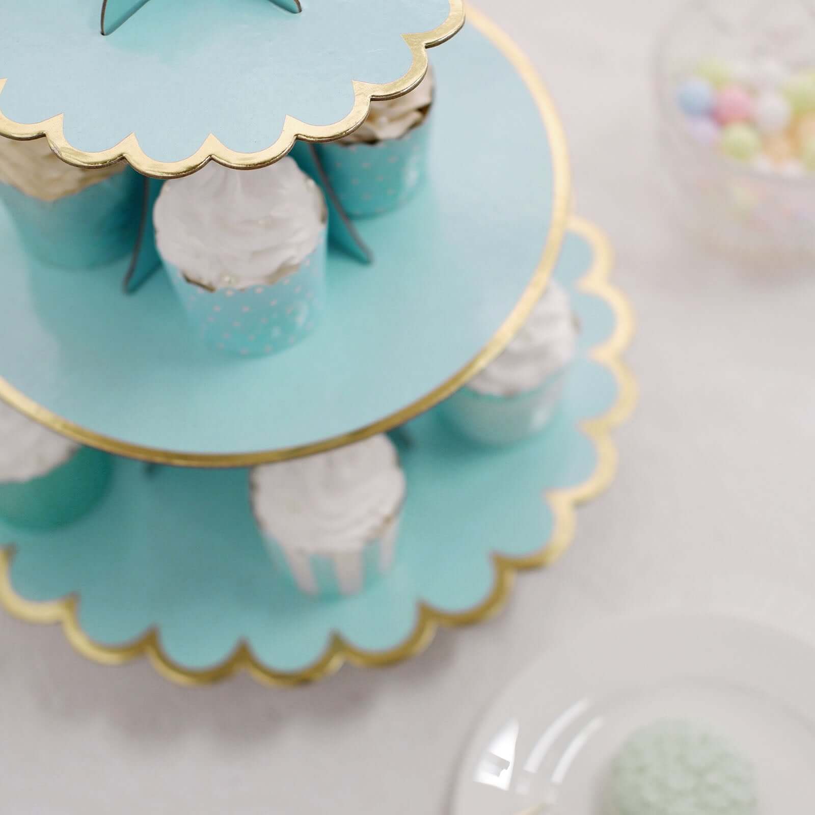 3-Tier Cardboard Cupcake Stand Light Blue - Sturdy & Collapsible Dessert Treat Tower with Gold Scalloped Rim for Baby Shower Wedding & Party Decor 13"