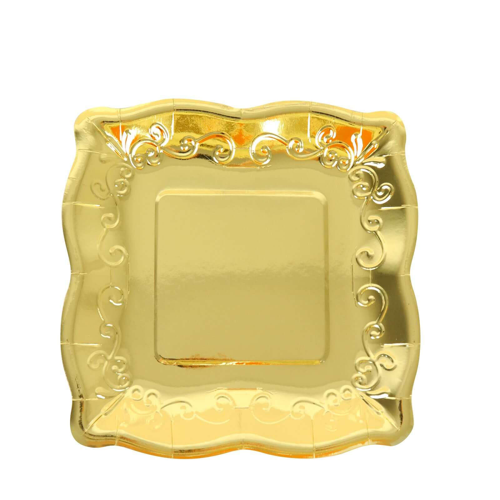 25-Pack Paper 7" Square Dessert Plates in Gold with Vintage Pottery Embossed Design - Shiny Metallic Disposable Appetizer Plates for Luxe Gatherings & Celebrations