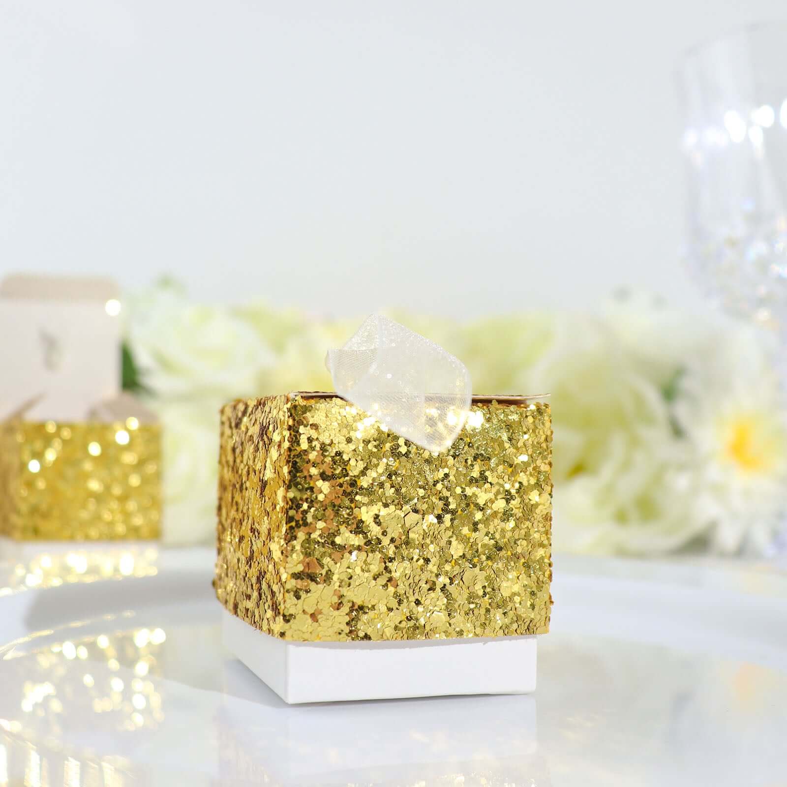 25 Pack 2" Gold Sequin Glitter Party Favor Boxes With White Ribbon Loop, Wedding Favor Gift Boxes, Candy Cases