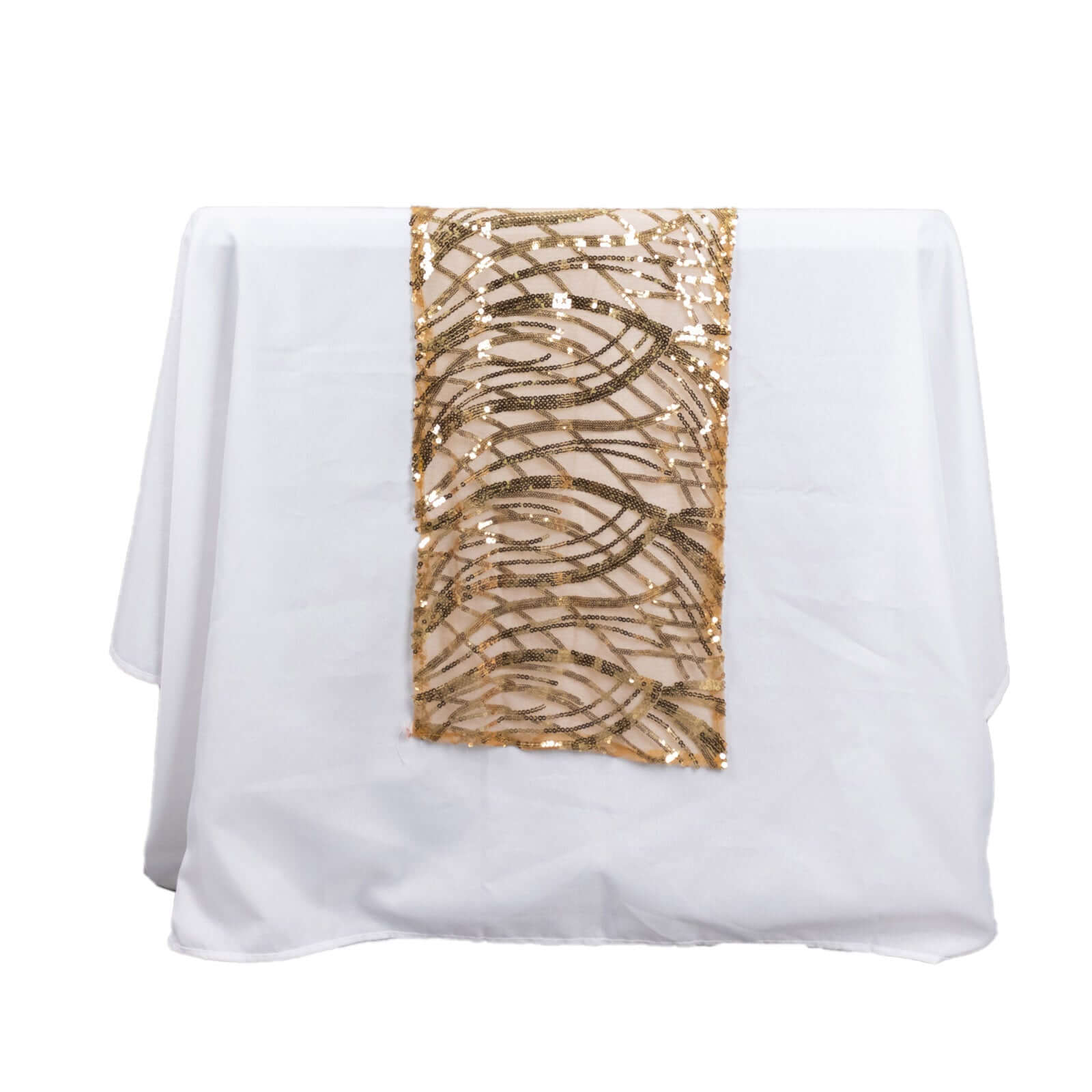 Sequin Mesh 12"x108" Table Runner Gold Wave Embroidered Design for Stylish Occasions