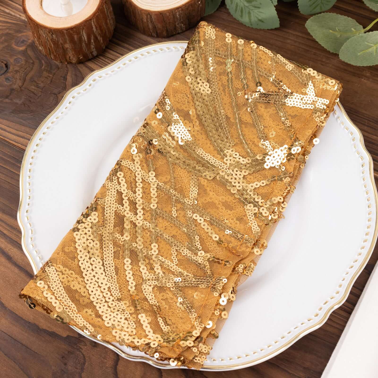 Sequin Mesh 20"x20" Napkin Gold - Wave Embroidered Reusable Cloth Napkin for Glitzy Table Settings