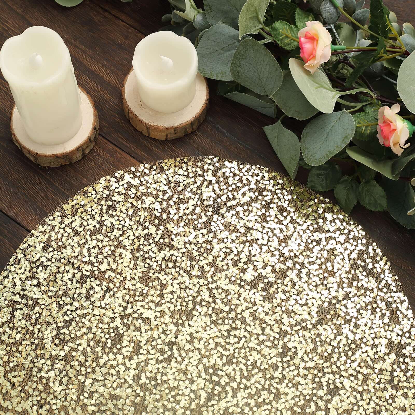 10-Pack Table Placemats Sequin Design Metallic Gold Round - Mesh Disposable Dust-Free Dining Mats 13"
