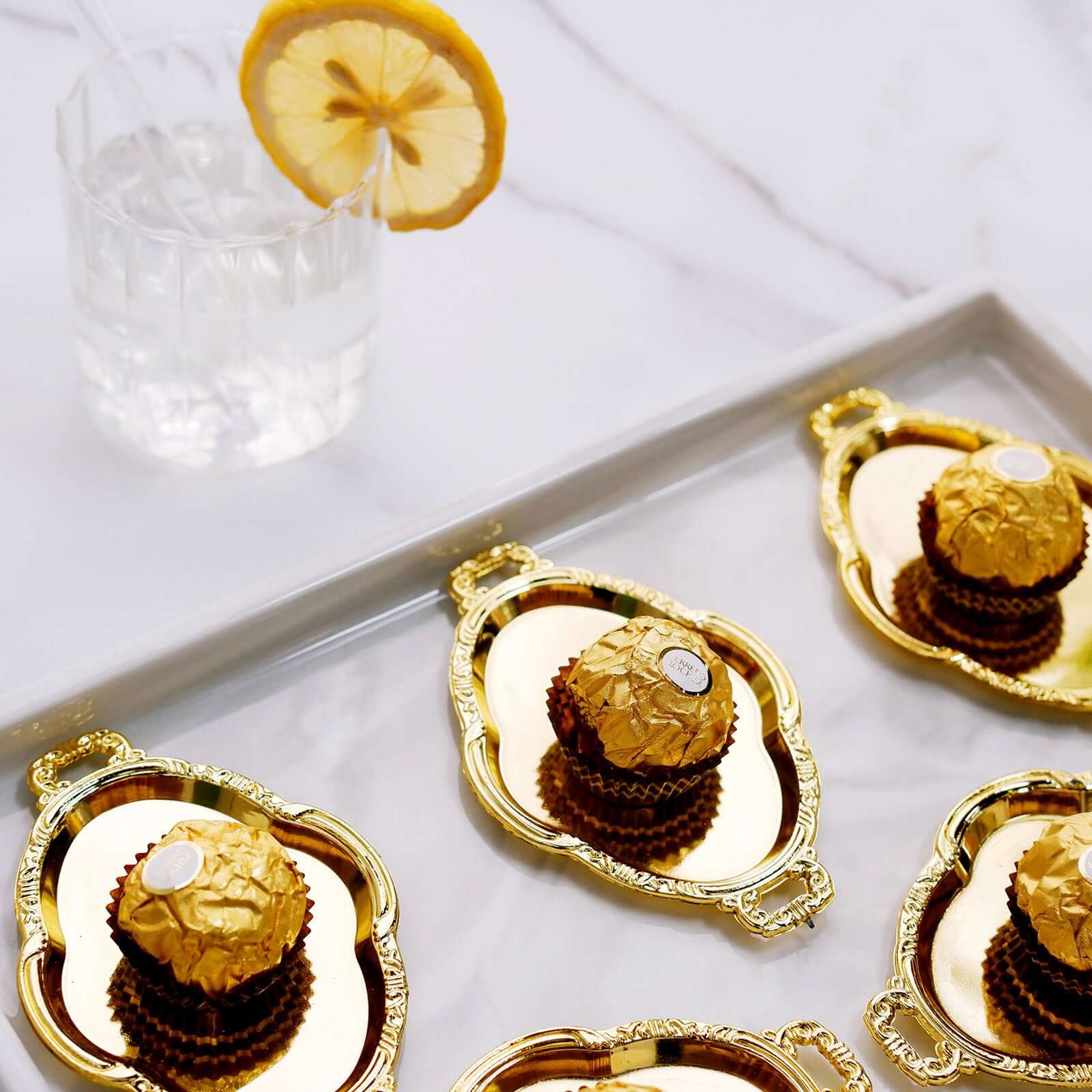 12-Pack Display Trays Party Favor Baroque Oval Design Gold - Mini Serving Platters for Sweets and Desserts 4.5"