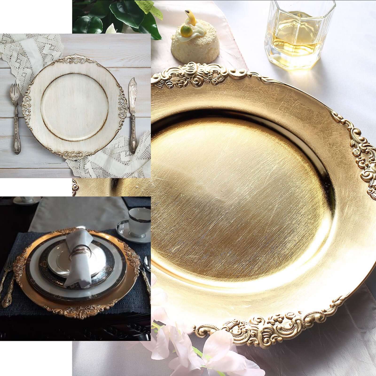 6-Pack Acrylic Round Charger Plates 13" in Silver with Embossed Baroque Rim, Antique Decorative Dinner Party Charger Tableware