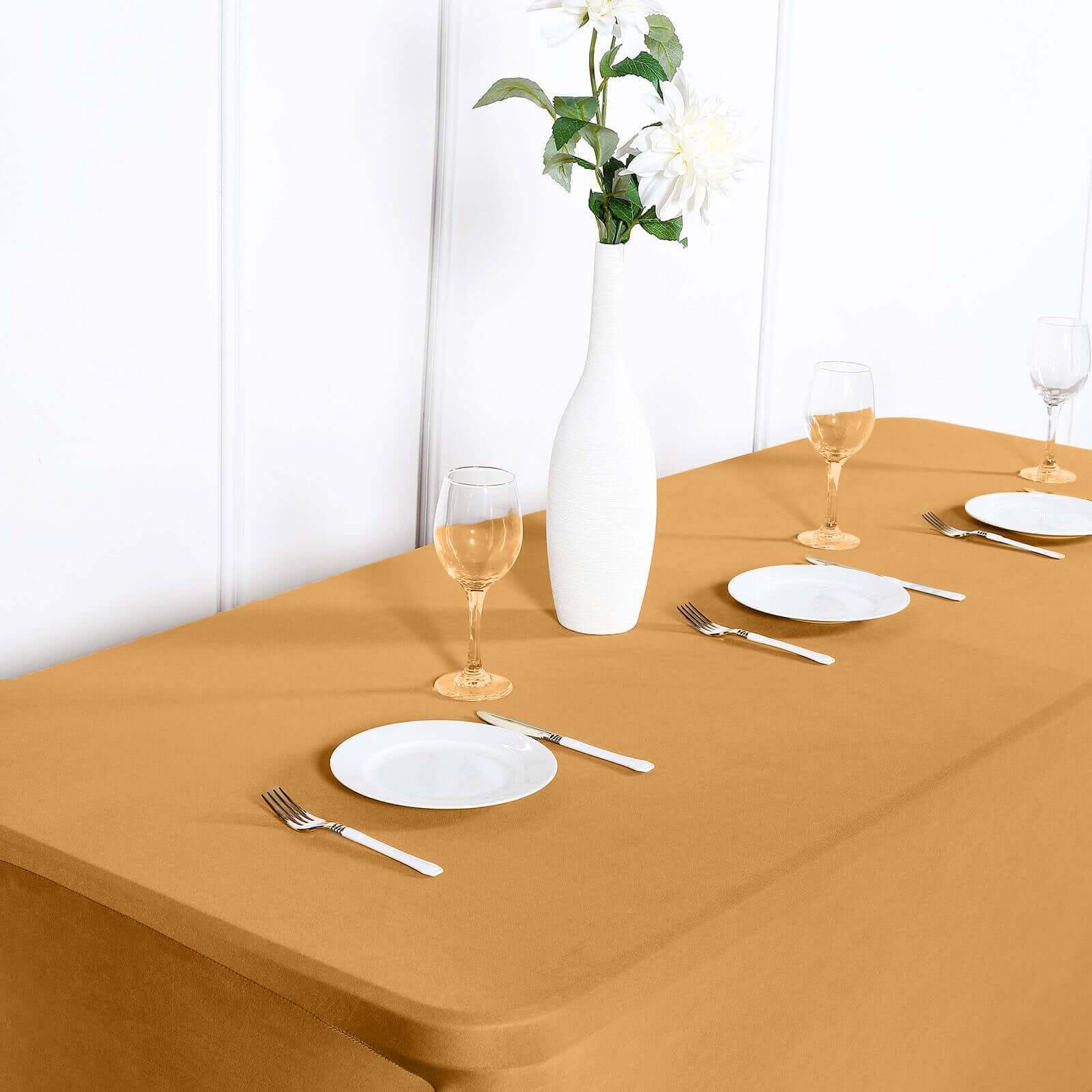 Stretch Spandex 96"x30" Rectangle Table Cover Gold - Durable Form-Fitting Tablecloth for Events & Presentations