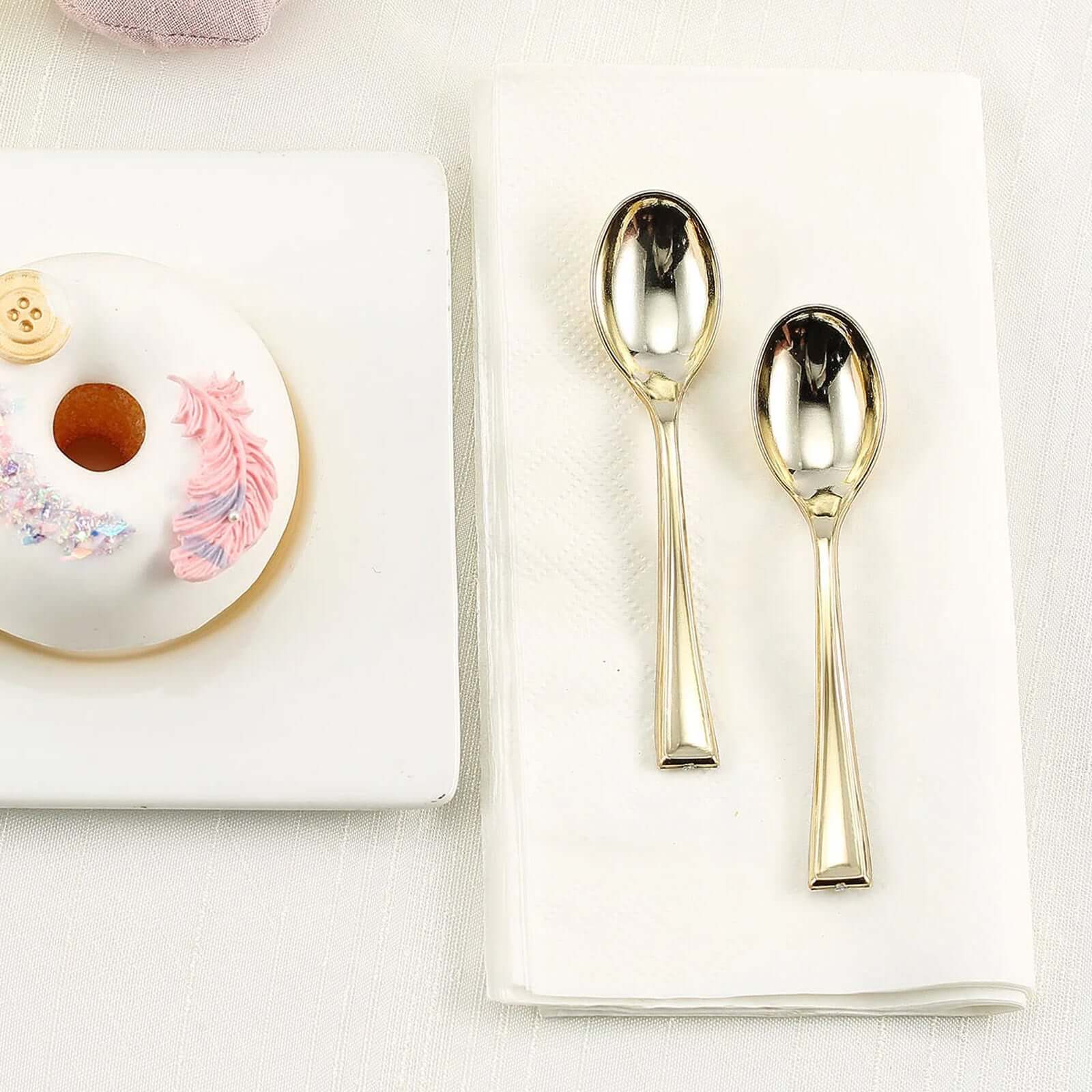 24-Pack Plastic Mini Dessert Spoons Gold - Heavy Duty Disposable Silverware 4"