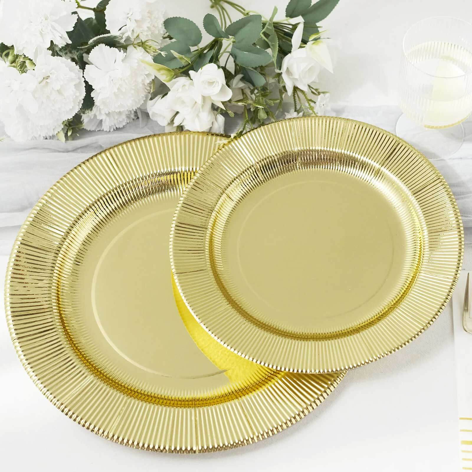 25-Pack Paper 8" Round Dessert Plates in Metallic Gold Sunray Design - Disposable Heavy Duty 350GSM Appetizer Salad Plates