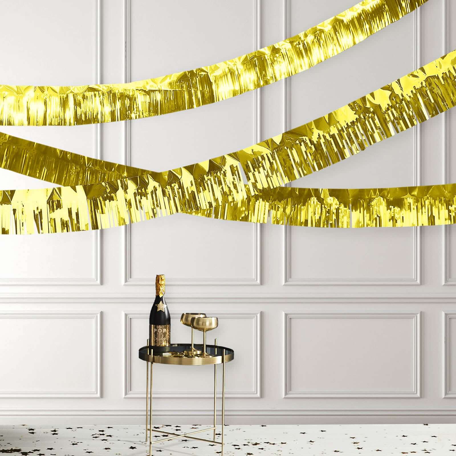 16ft Metallic Gold Foil Tassel Fringe Backdrop Banner, Tinsel Garland Decor