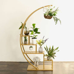 4.5ft Gold Metal 4-Tier Half Moon Cupcake Dessert Display Stand, Hanging Plant Rack With Shelves