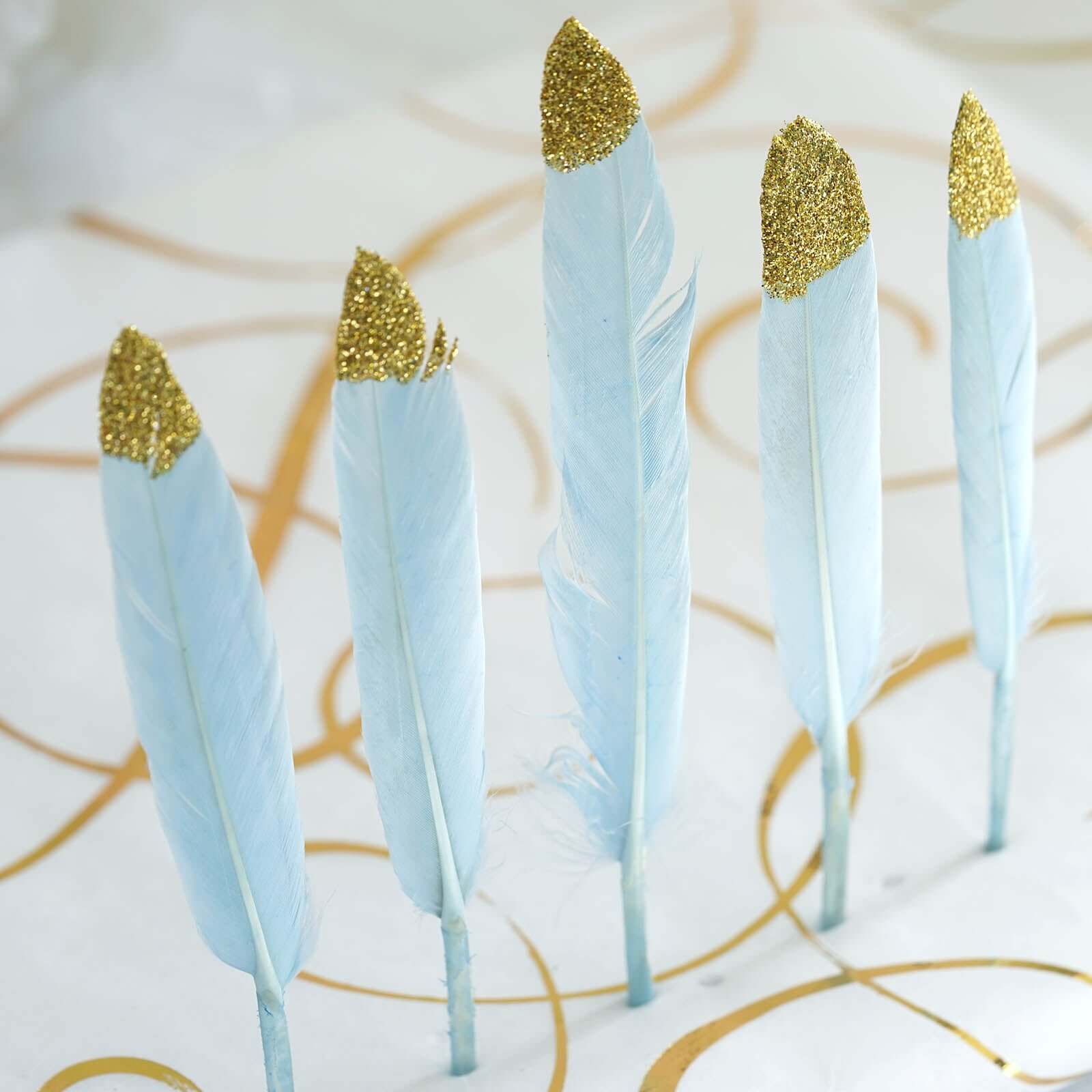 30-Pack Turkey Feathers Craft Feathers Glitter Gold Tip Light Blue - Decorative Feathers for DIY Party Projects