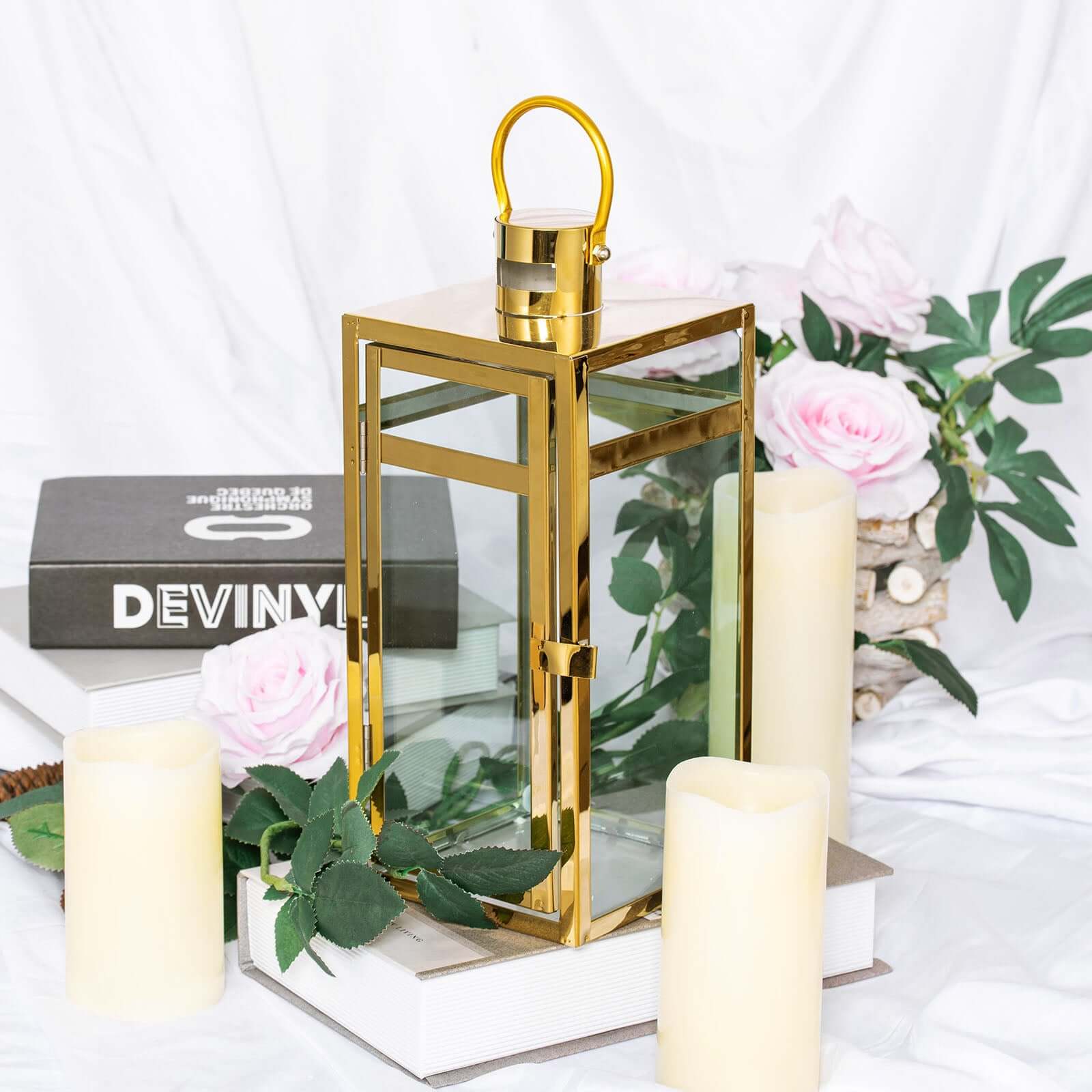 Stainless Steel Candle Lantern Vintage Top Design Gold - Outdoor Metal Patio Lantern Centerpiece 12"