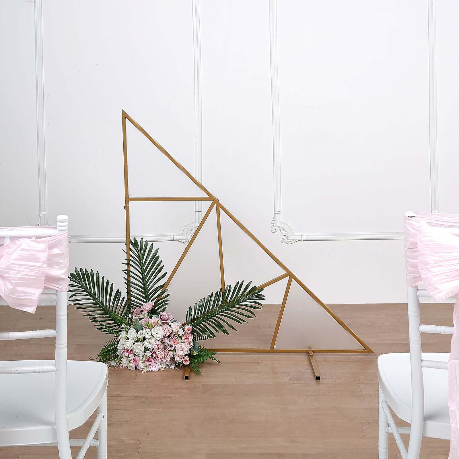 3ft Tall Gold Metal Triangular Geometric Flower Frame Prop Stand, Wedding Backdrop Floor Stand With Cloudy Film Insert