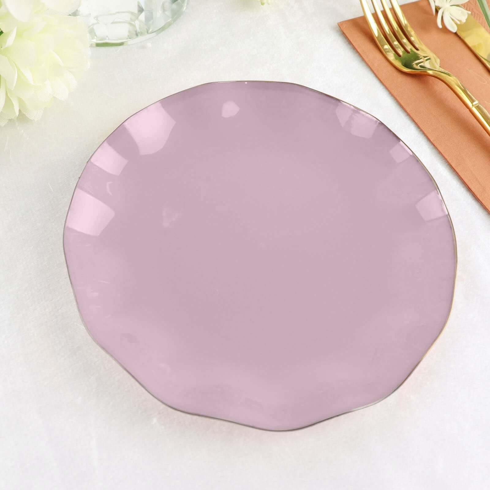 10-Pack Plastic Round 6" Dessert Plates in Lavender Lilac Ruffled Rim with Gold Edging - Sturdy Disposable Salad Appetizer Dinnerware