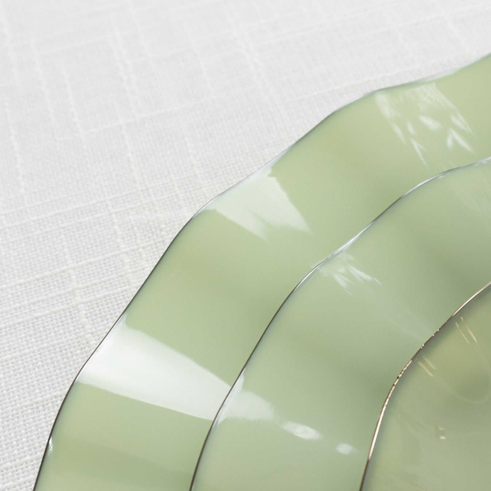 10-Pack Plastic Round 6" Dessert Plates in Sage Green Ruffled Rim with Gold Edging - Sturdy Disposable Salad Appetizer Dinnerware