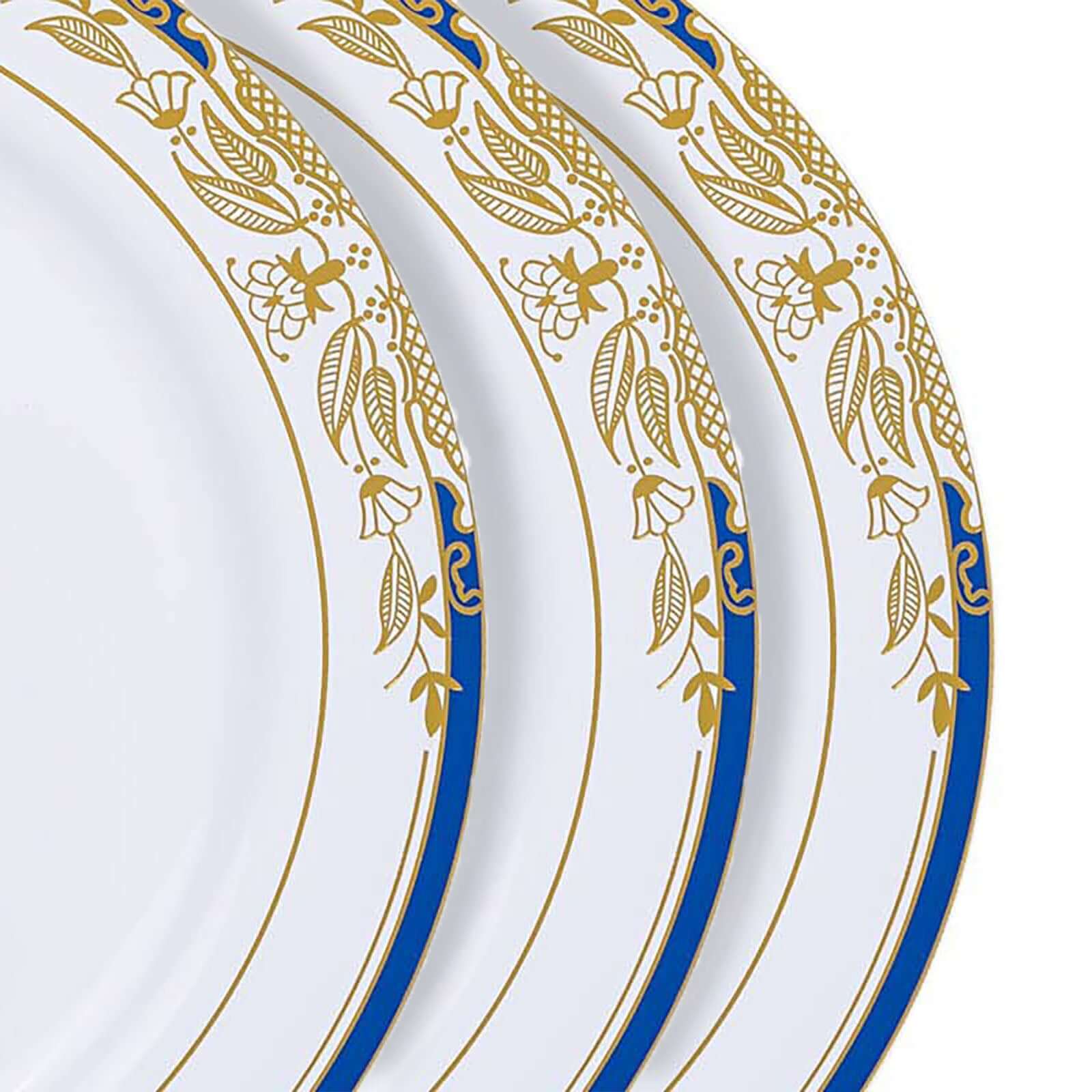 10-Pack Plastic 8" Round Dessert Plates in White with Royal Blue Rim - Stylish Gold Vine Design Disposable Salad/Appetizer Plates for Special Occasions & Celebrations