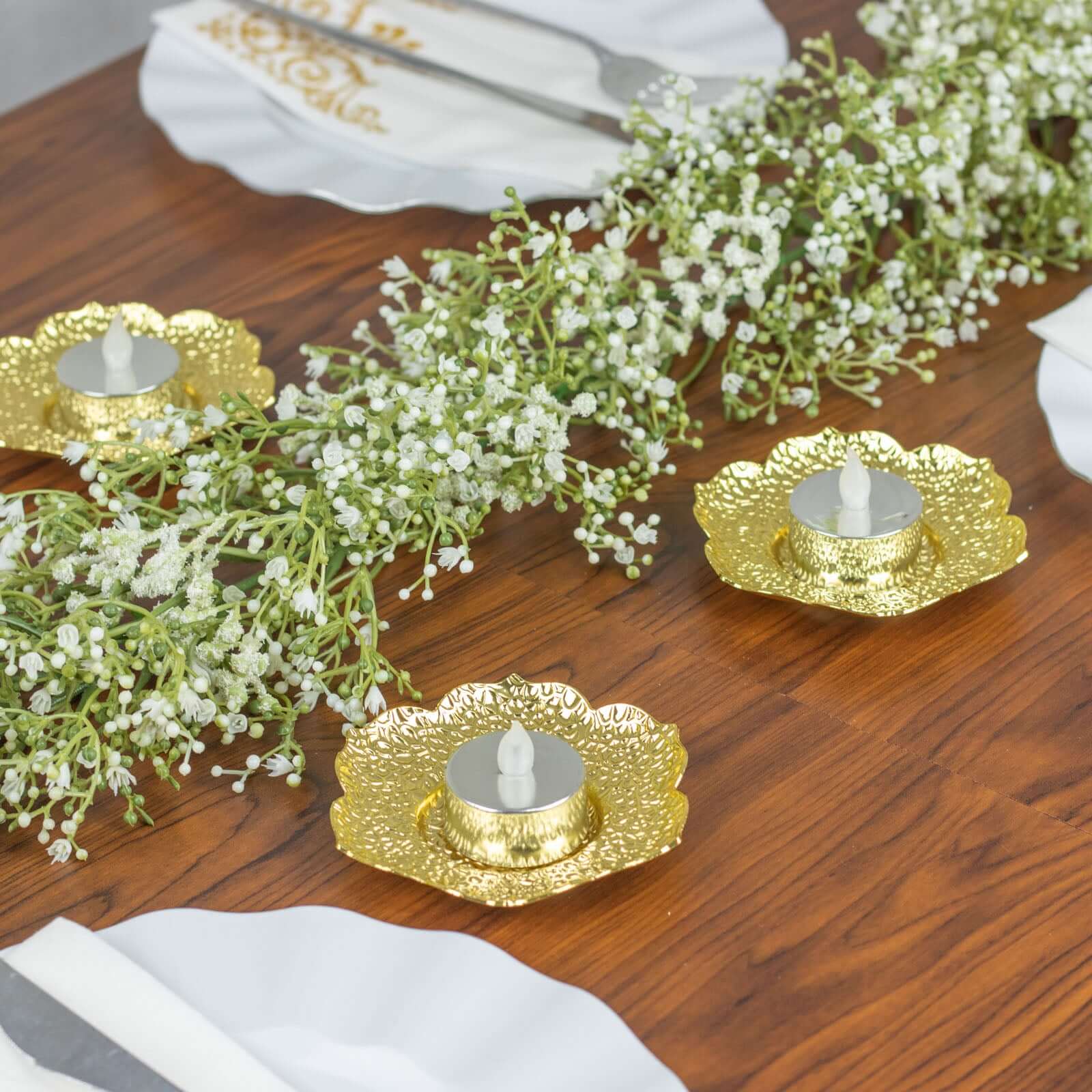 3-Pack Metal Votive Candle Holders Plum Blossom Design Shiny Gold - Vintage Mini Tea Cup Saucers 4"