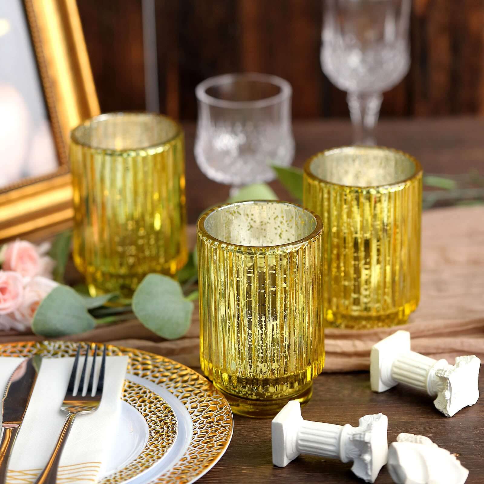 3-Pack Mercury Glass Hurricane Candle Holders Gold Wavy Column Design - Votive Pillar Vase 5"