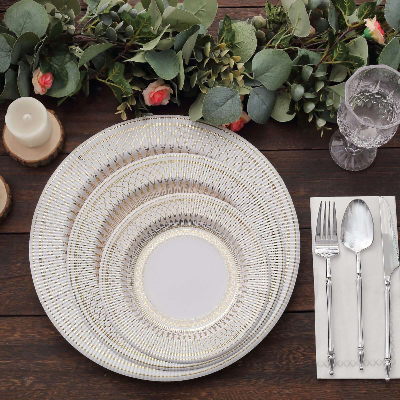 25-Pack Paper 8" Round Dessert Plates in White with Gold Vintage Porcelain Style Rim - Disposable 300GSM Salad Appetizer Plates