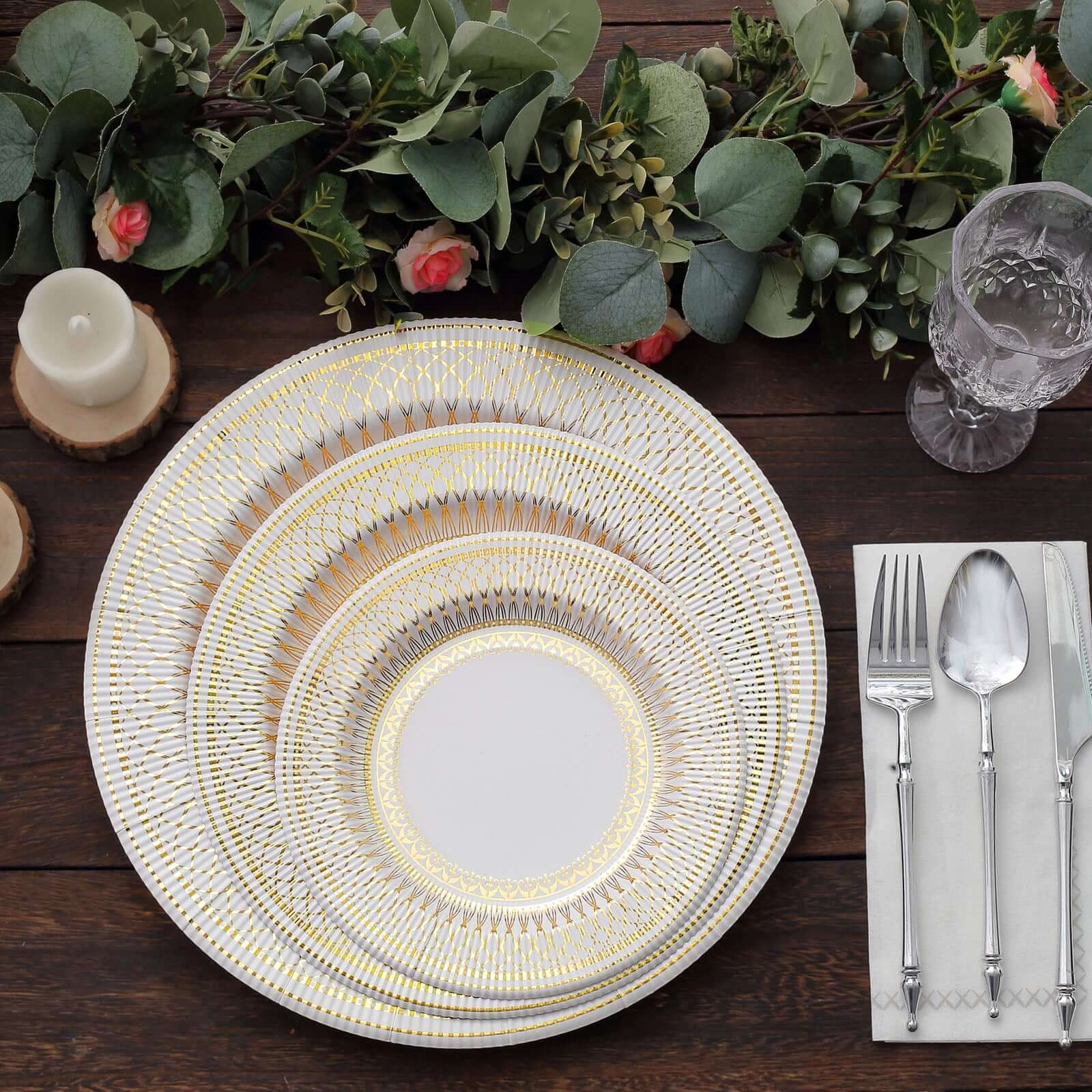 25-Pack Disposable Round Charger Plates in White/Gold Vintage Style - 350GSM Durable Paper Chargers for Events 13"