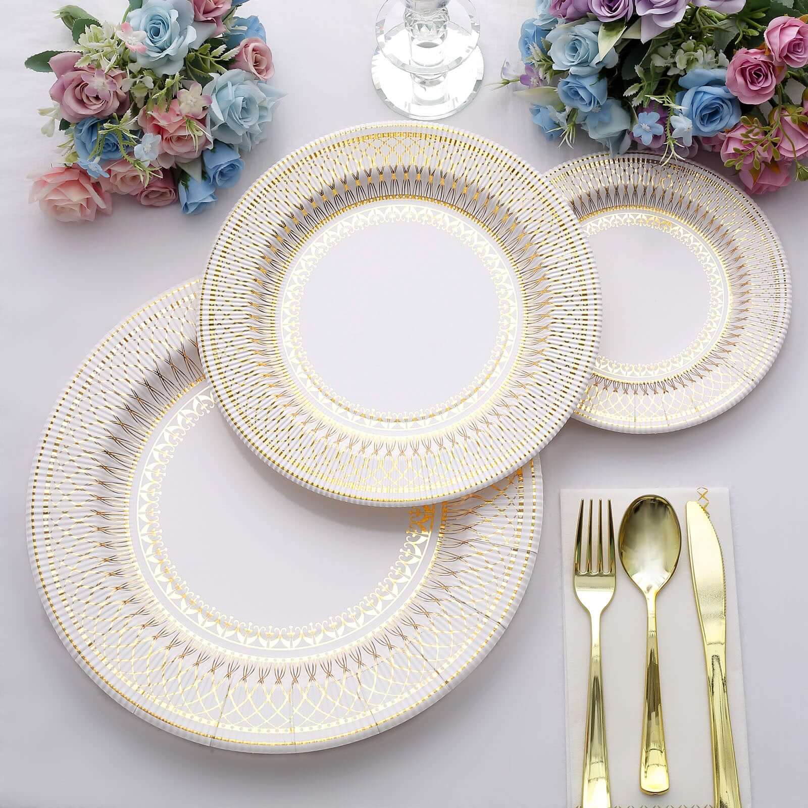 25-Pack Disposable Round Charger Plates in White/Gold Vintage Style - 350GSM Durable Paper Chargers for Events 13"