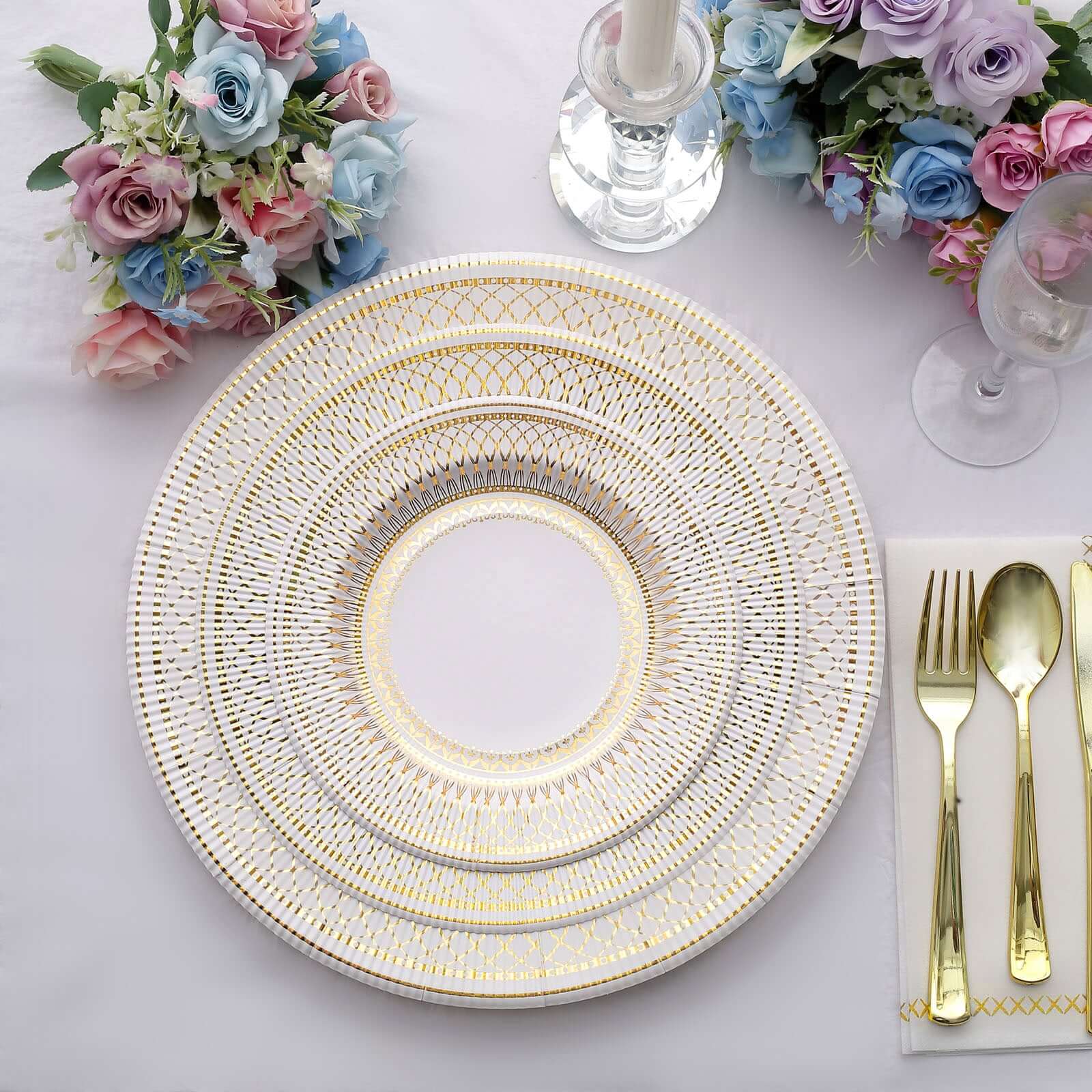 25-Pack Disposable Round Charger Plates in White/Gold Vintage Style - 350GSM Durable Paper Chargers for Events 13"