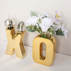 Shiny Ceramic Vase Letter "X" Gold Plated - Chic Bud Planter Pot for Events & Decor 6"