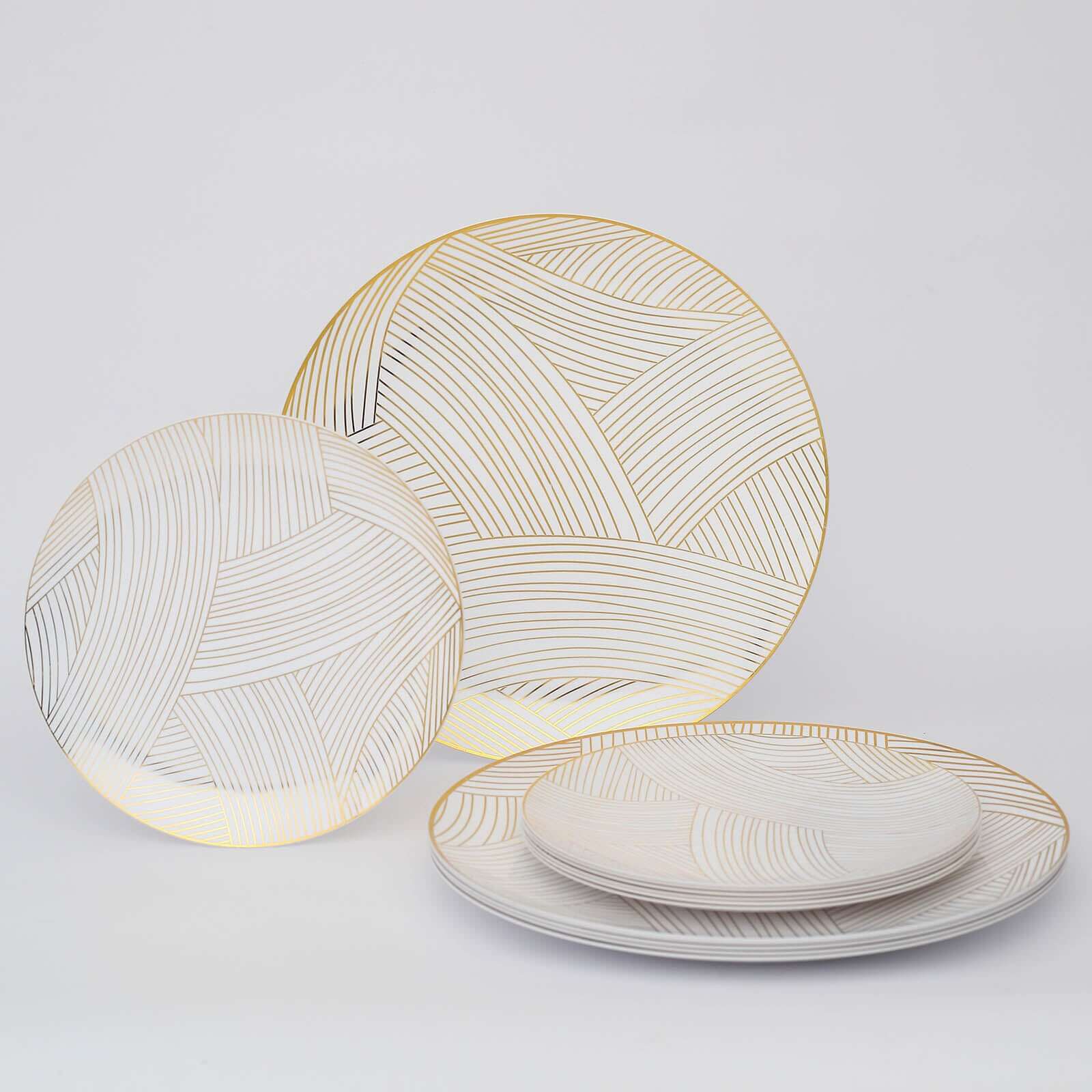 10-Pack Plastic 7" Round Dessert Plates in White with Gold Wave Brush Strokes Pattern - Disposable Appetizer Salad Plates for Modern & Classy Table Decor