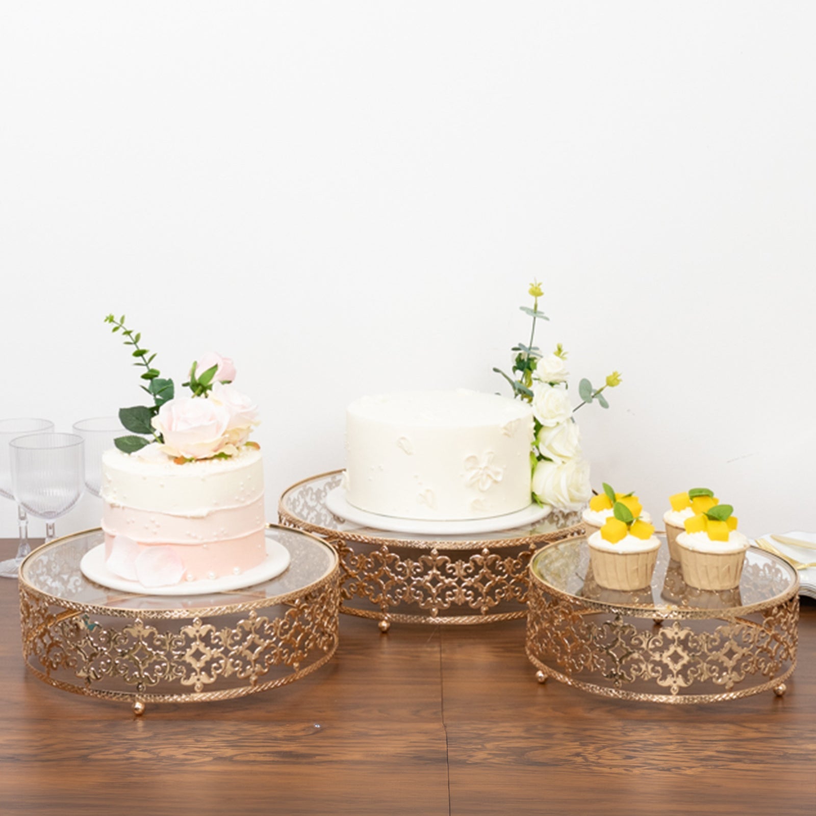 Set of 3 Cake Stands Baroque Ornate Design with Glass Top Gold - Stackable Dessert Display Trays Metal 10", 12", 14"