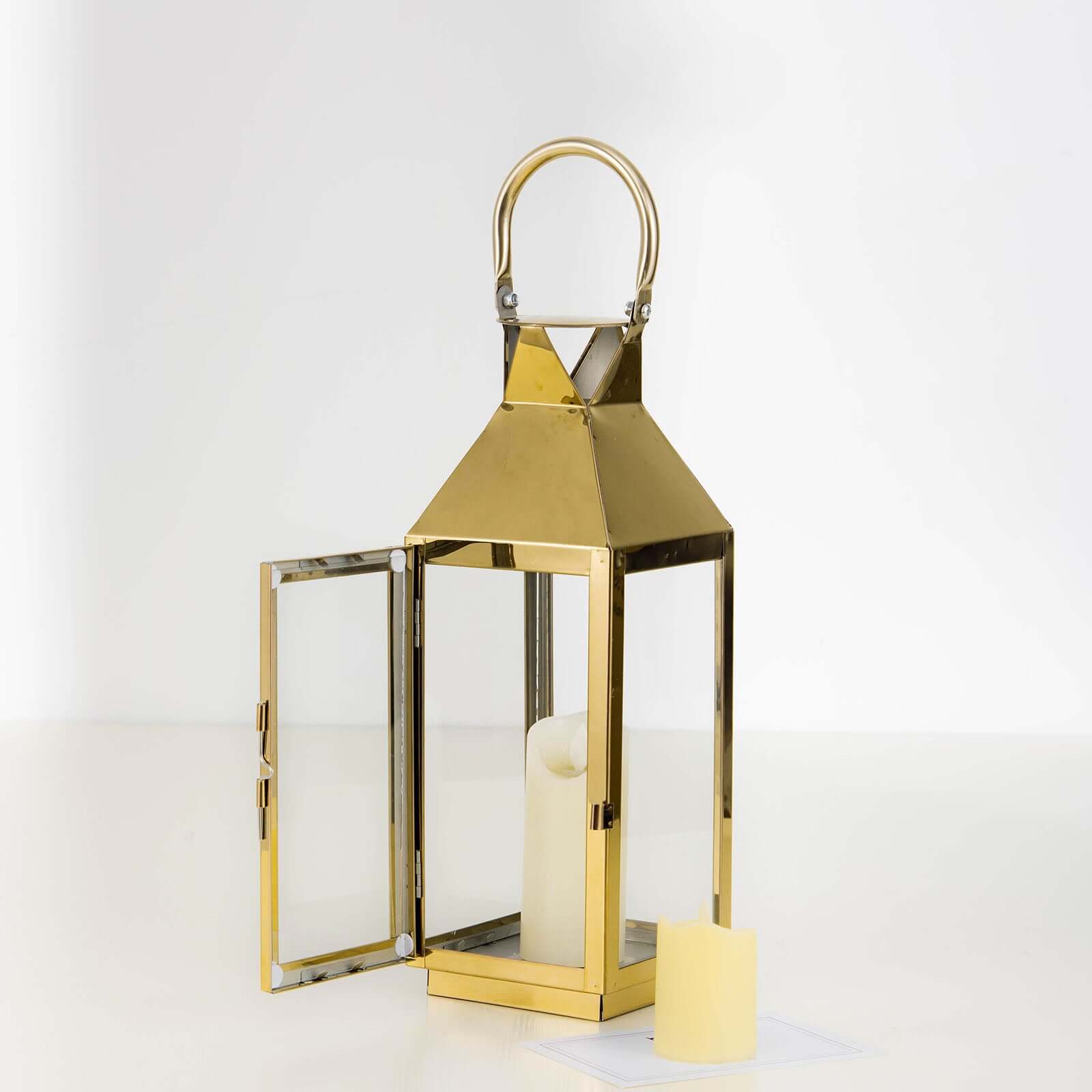 Stainless Steel Candle Lantern Crown Top Design Gold - Outdoor Metal Patio Lantern Centerpiece 14"