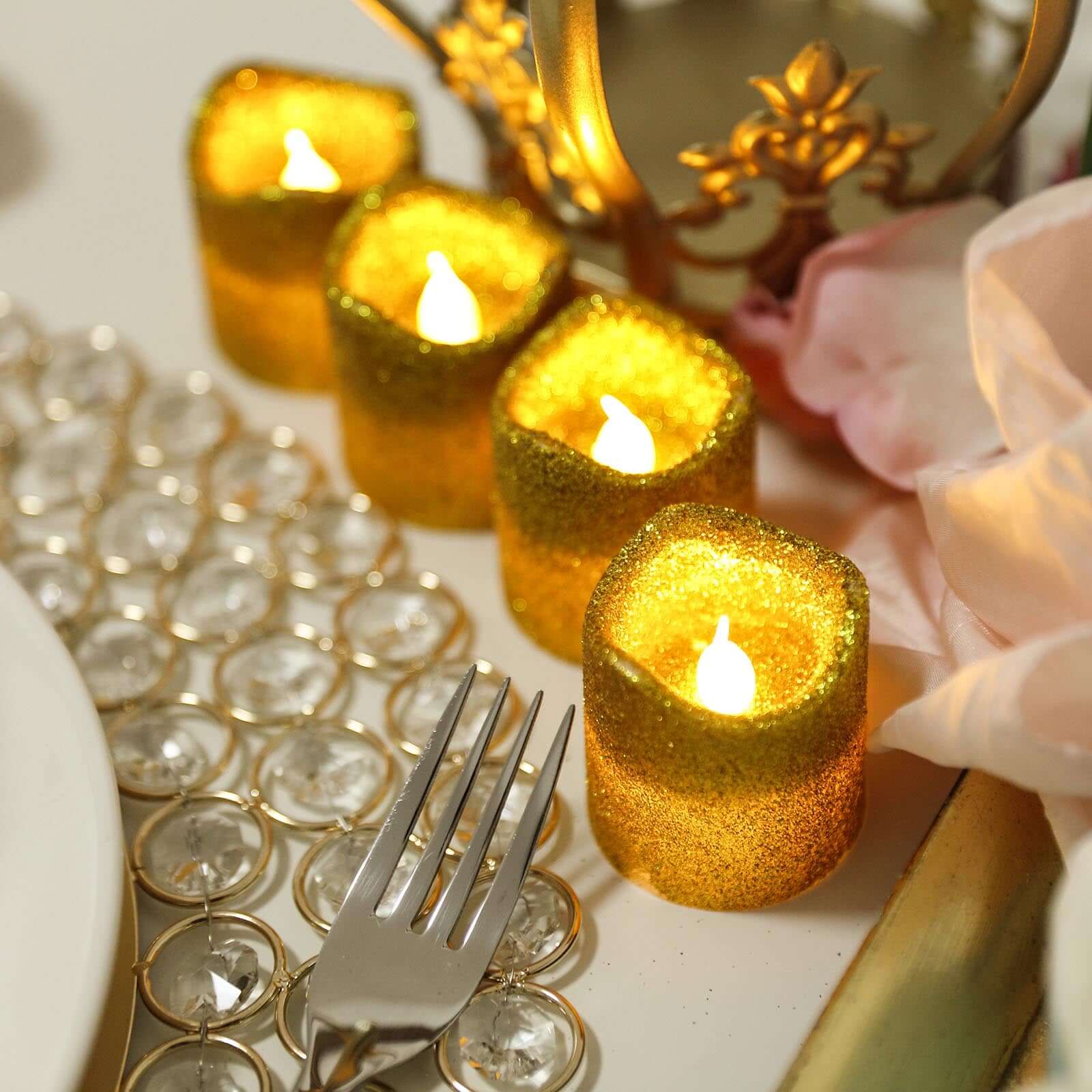 12-Pack LED Votive Candles Glittered Gold Design - Reusable Flameless Battery Operated Lights