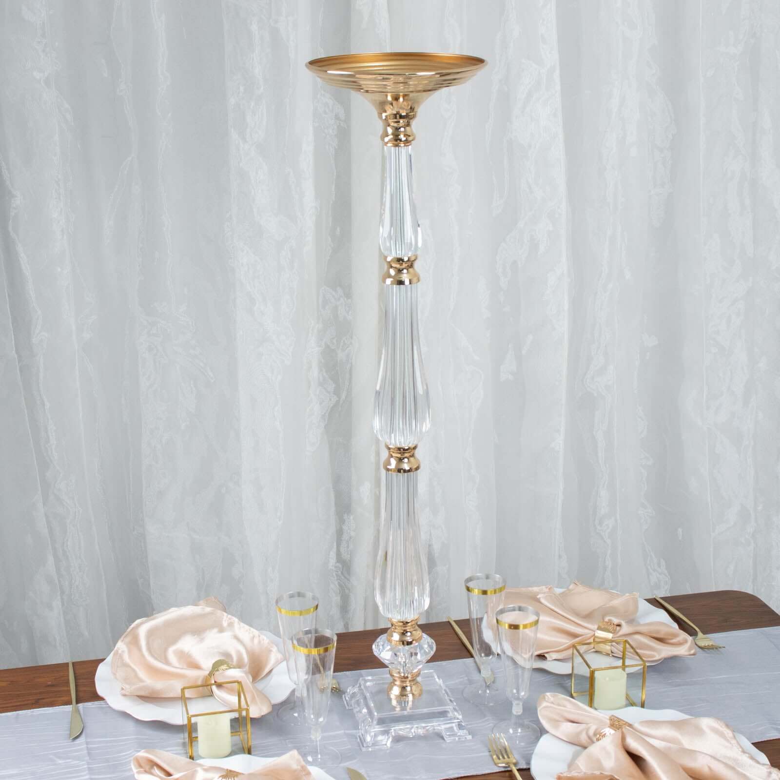 Acrylic Crystal Pillar Candle Stand Gold/Clear - Table Centerpiece and Wedding Flower Bowl Pedestal 32"