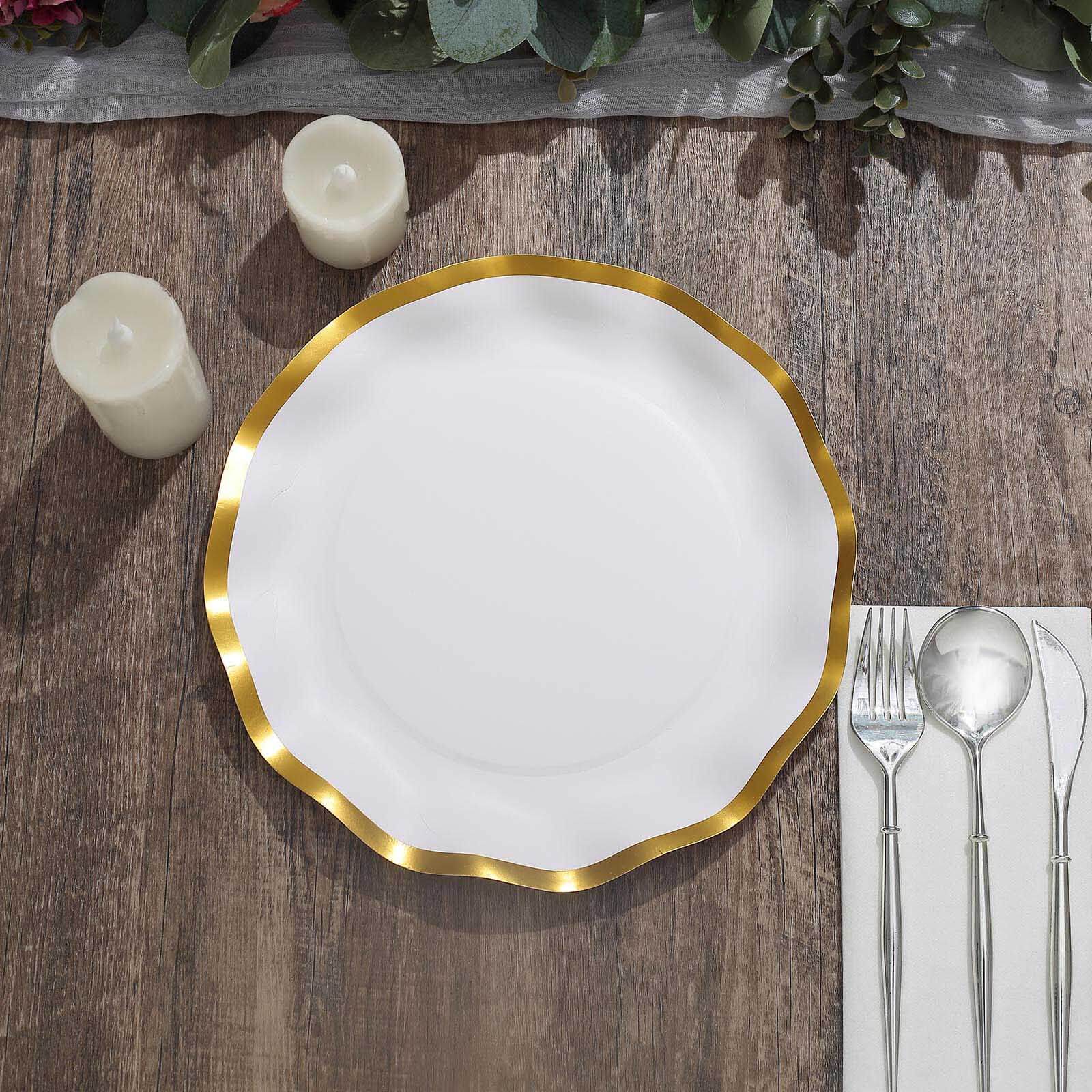 25-Pack Paper Round Dinner Plates 10" Matte White with Gold Wavy Rim - Disposable 350GSM Party Plates for Banquets & Upscale Gatherings