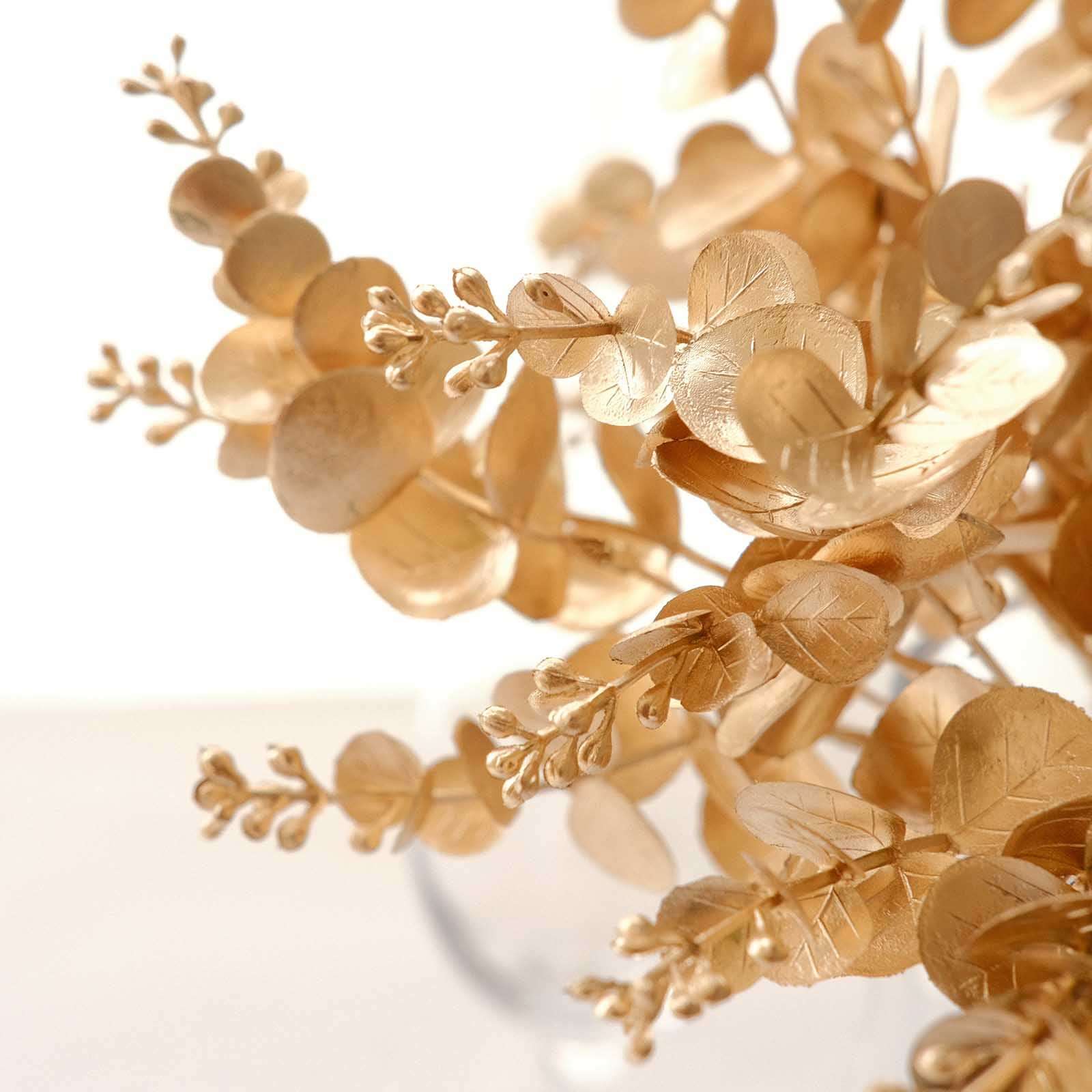 4-Pack Artificial Eucalyptus Leaves Decor Metallic Gold - Vibrant Faux Plant Spray Bush for Bridal Bouquets Floral Arrangements & Event Styling 12"