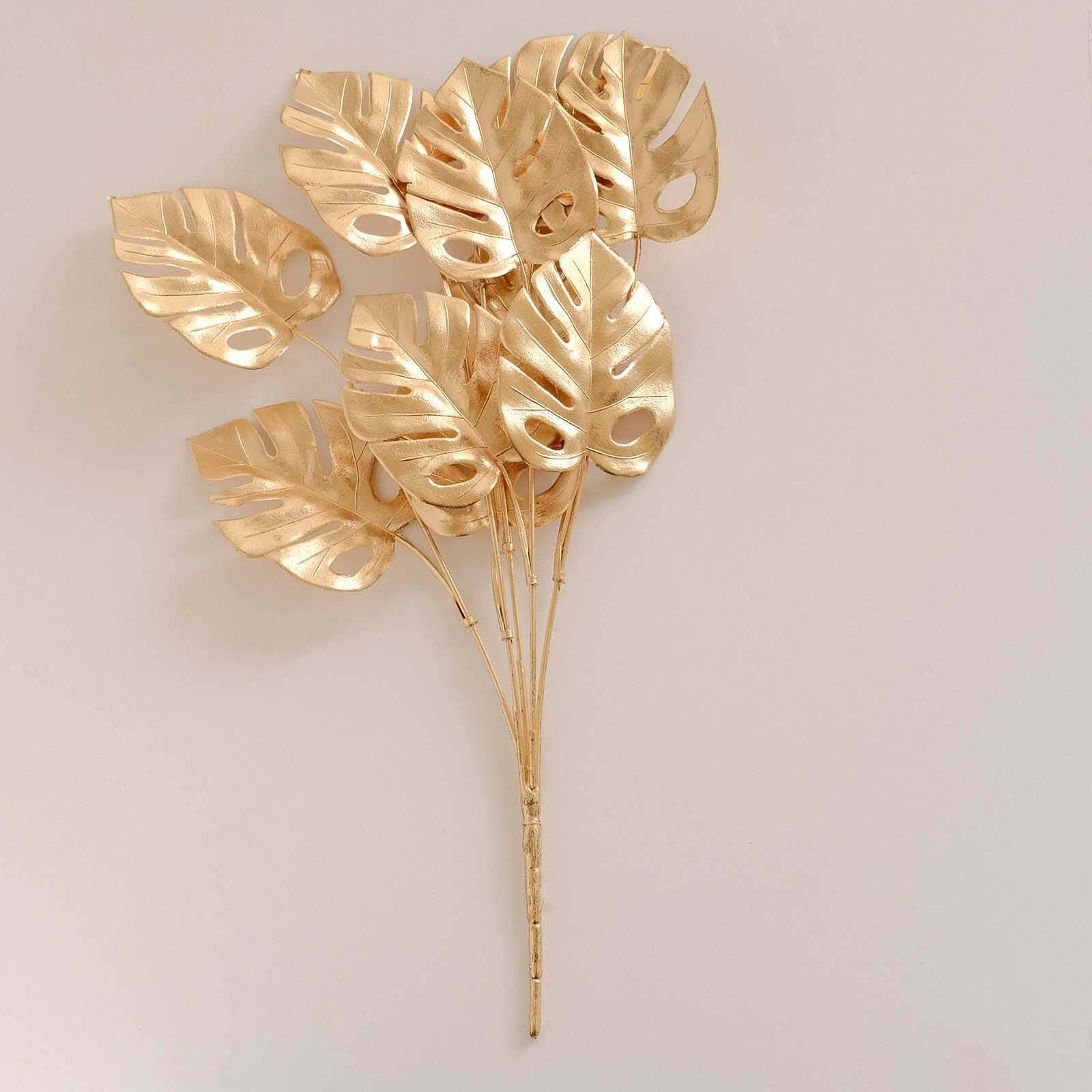 4-Pack Artificial Monstera Leaves Bushes Metallic Gold - Chic Faux Palm Leaf Decor Vase Filler for Hawaiian Jungle Tropical Themed Weddings Parties & Events 14"