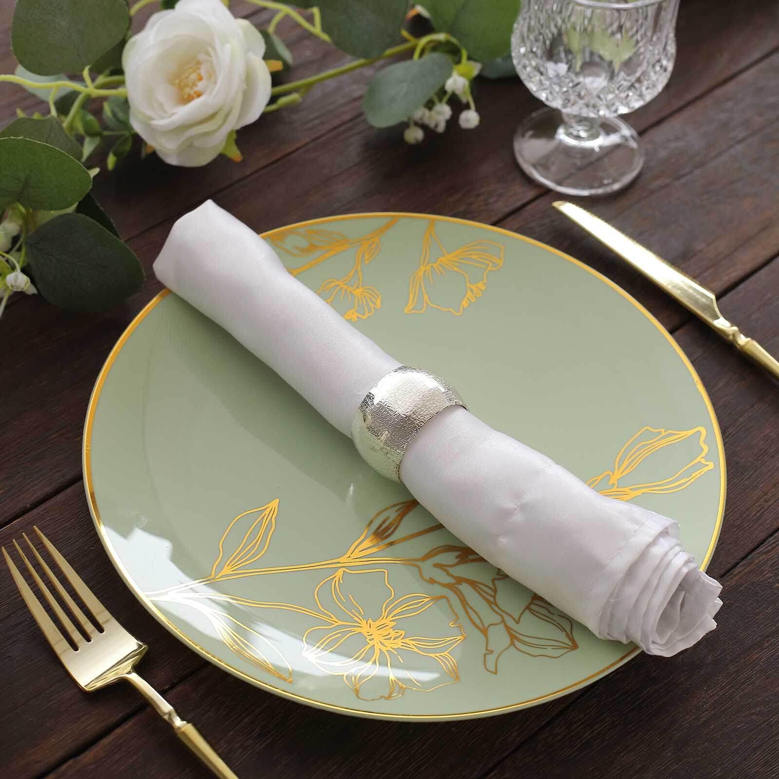 Set of 20 Plastic Round Dinner and Dessert Plates in Sage Green with Metallic Gold Floral Design - Stylish Disposable Dinnerware 8", 10"