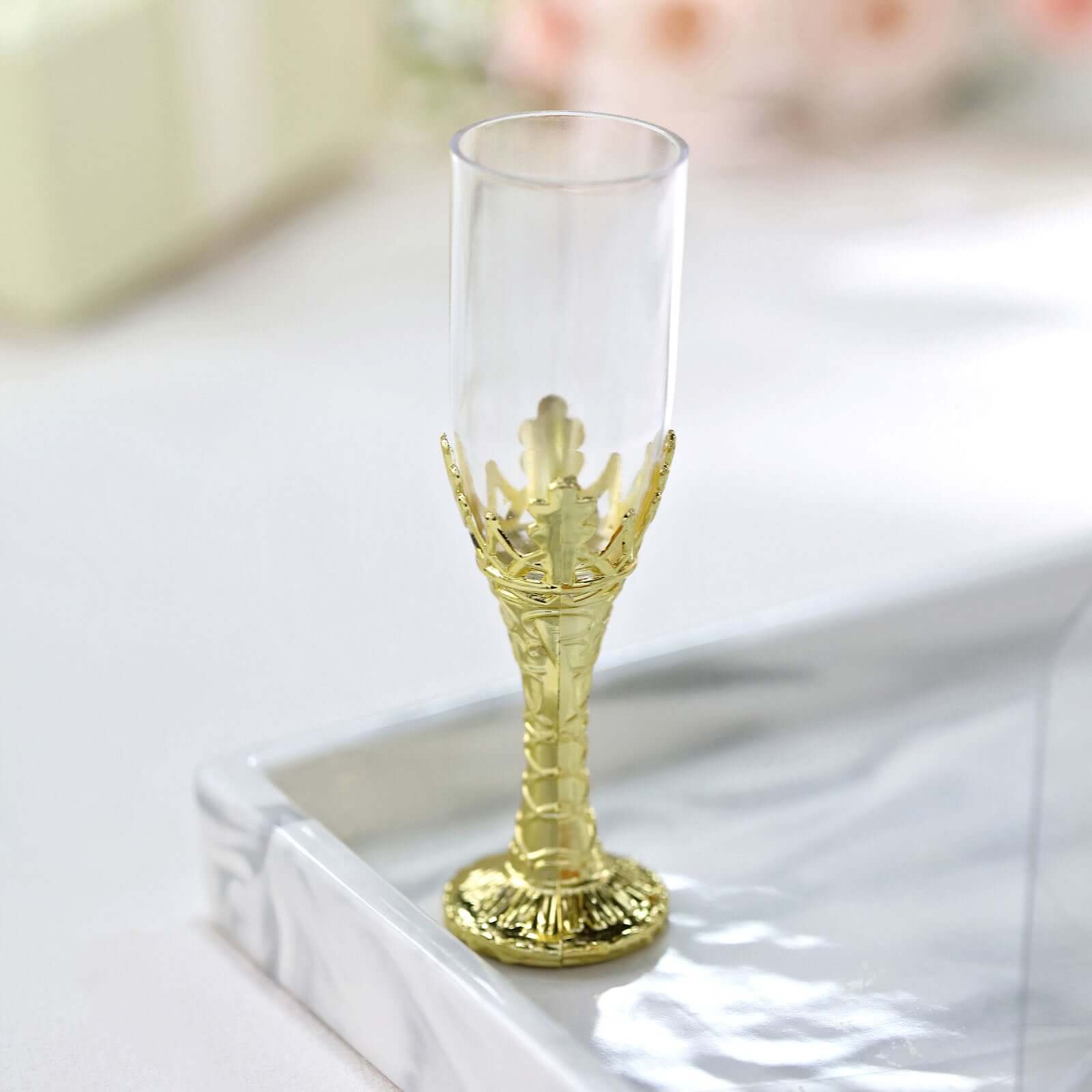 12-Pack Plastic Fillable Mini Candy Container in Champagne Bottle Style Clear Gold - Candy Treat Favor Boxes 4"