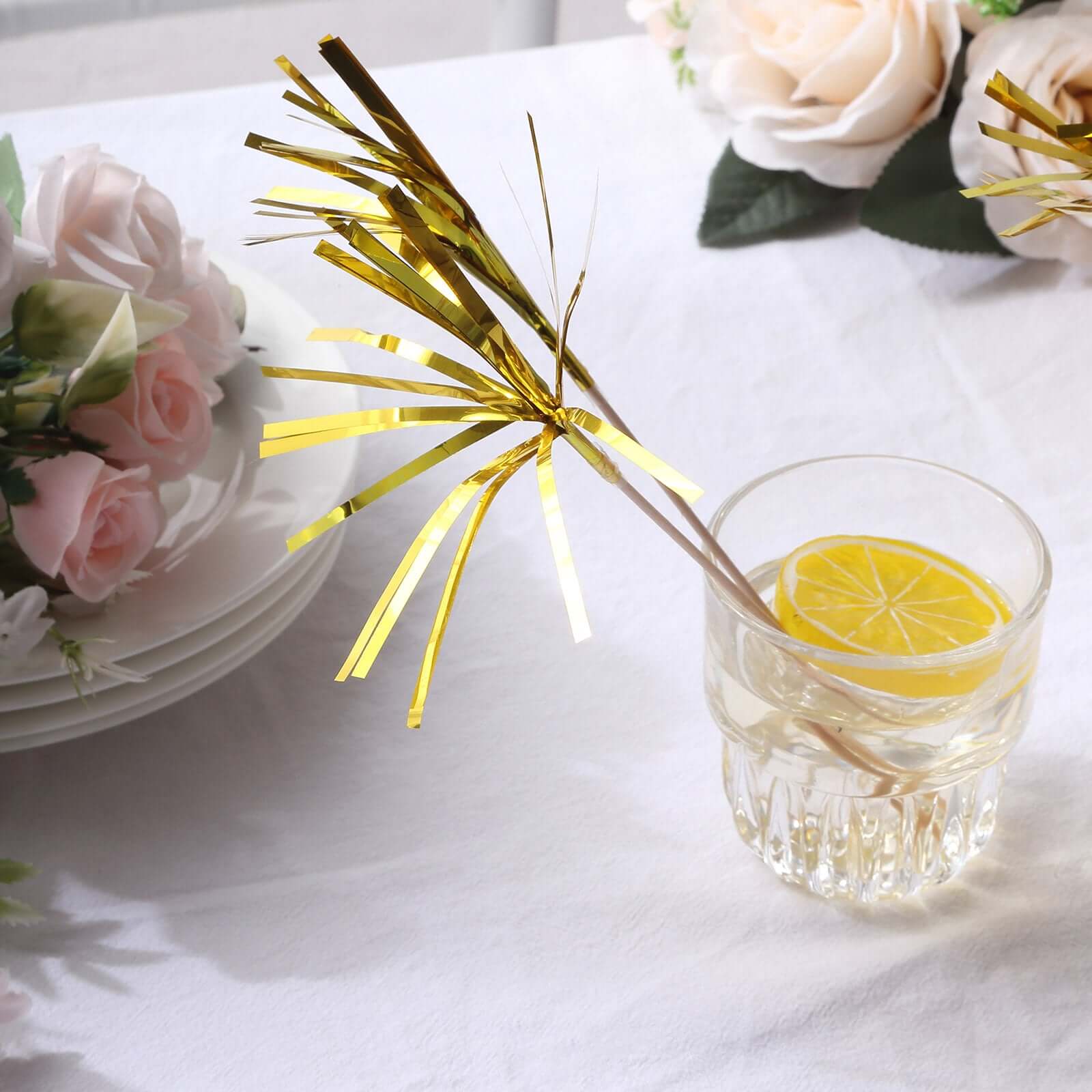 100-Pack Bamboo Cocktail Sticks Firework Cupcake Toppers Gold - Festive Foil Frills Food Picks 9"