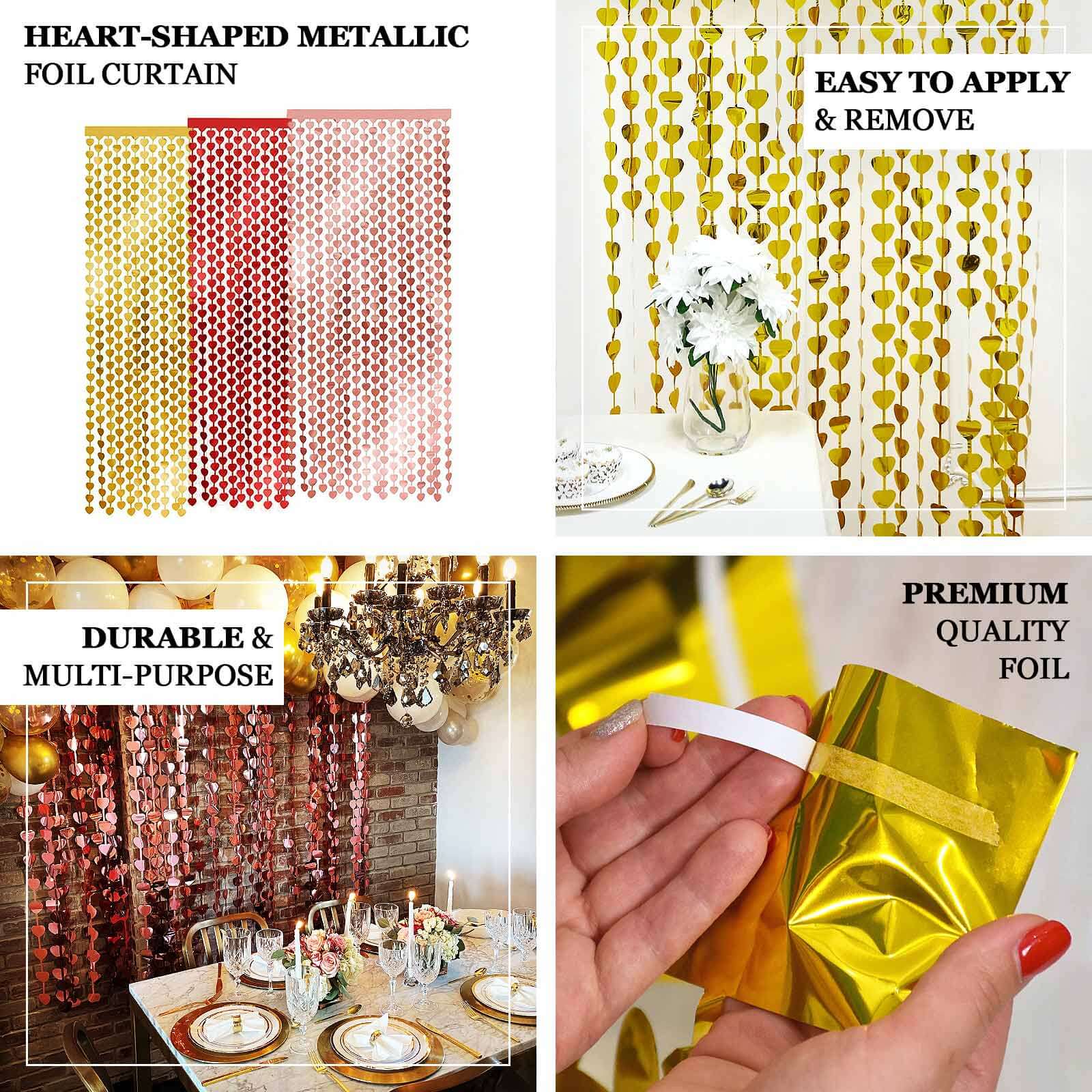 Gold Heart Chain Foil Fringe Curtain Party Backdrop, Metallic Gold Tinsel Streamer Party Decor - Door Window Foil Curtain - 3ftx6.5ft