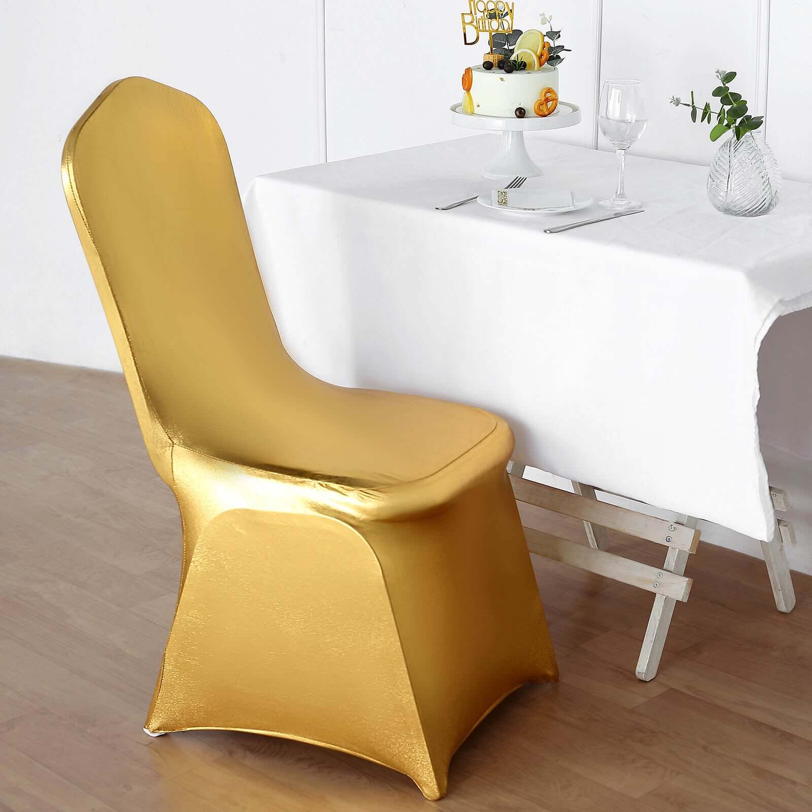 Shiny Metallic Gold Spandex Banquet Chair Cover, Glittering Premium Fitted Chair Cover