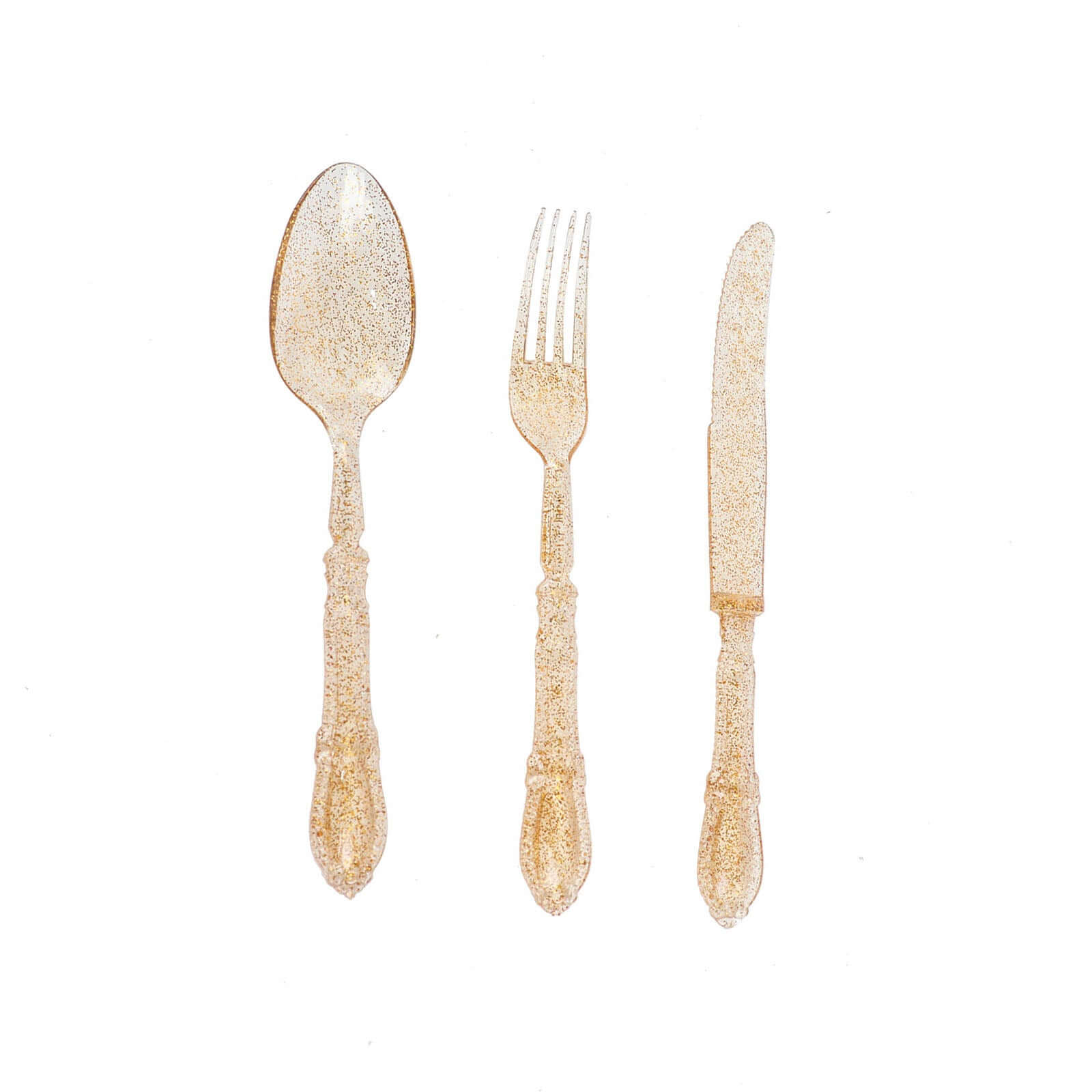 24-Pack Plastic Utensil Set Clear with Gold Glitter - Heavy Duty Disposable Silverware for Events
