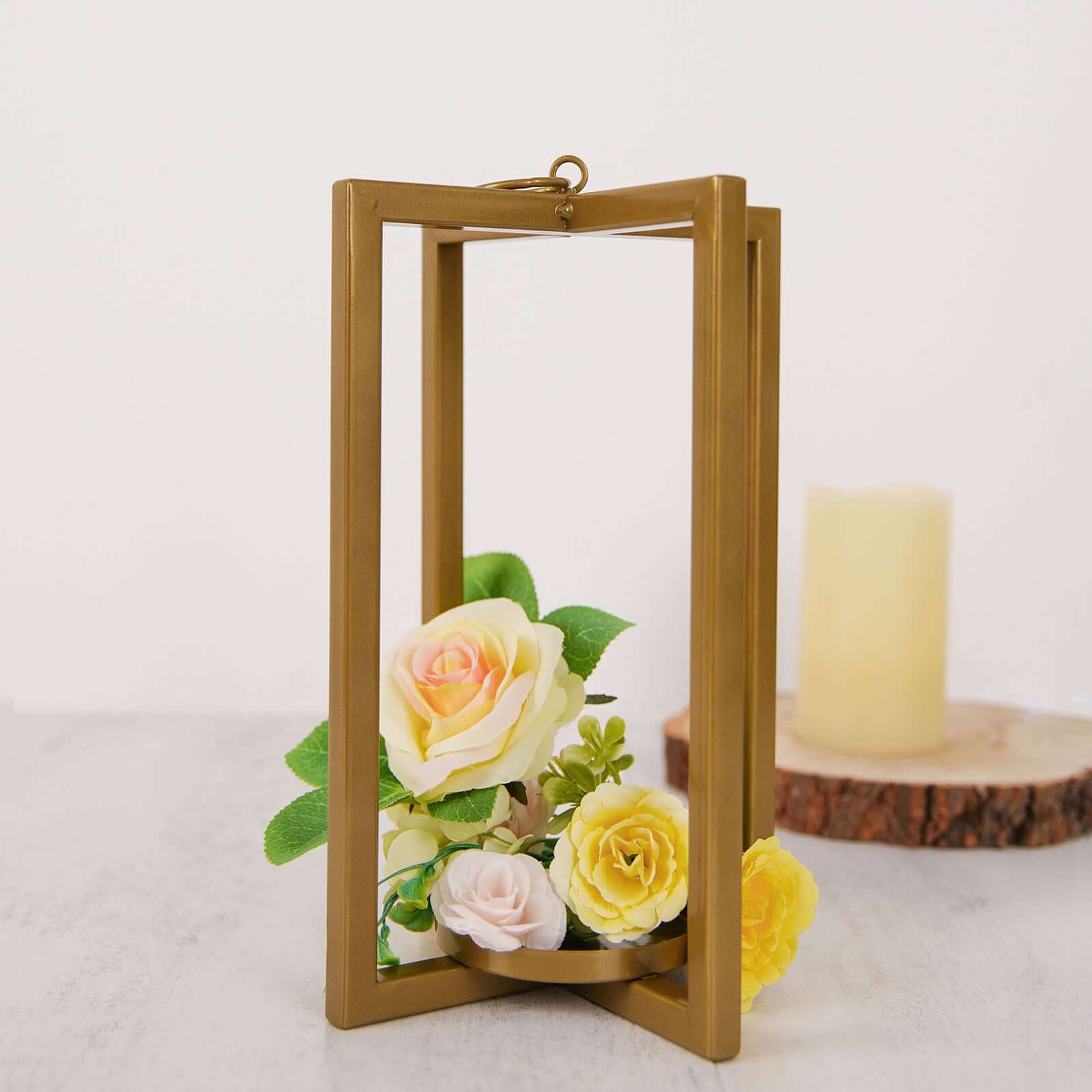 Lantern Candle Holder Gold Metal Geometric Cross Bar Design - Suitable for Modern Home and Event Centerpieces 11"