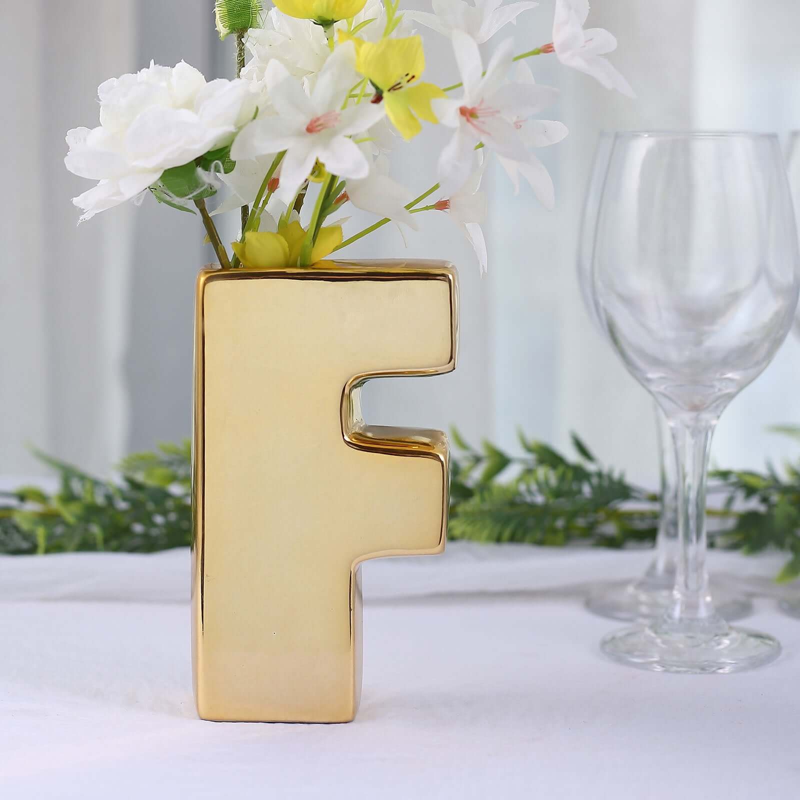 Shiny Ceramic Vase Letter "F" Gold Plated - Chic Bud Planter Pot for Events & Decor 6"
