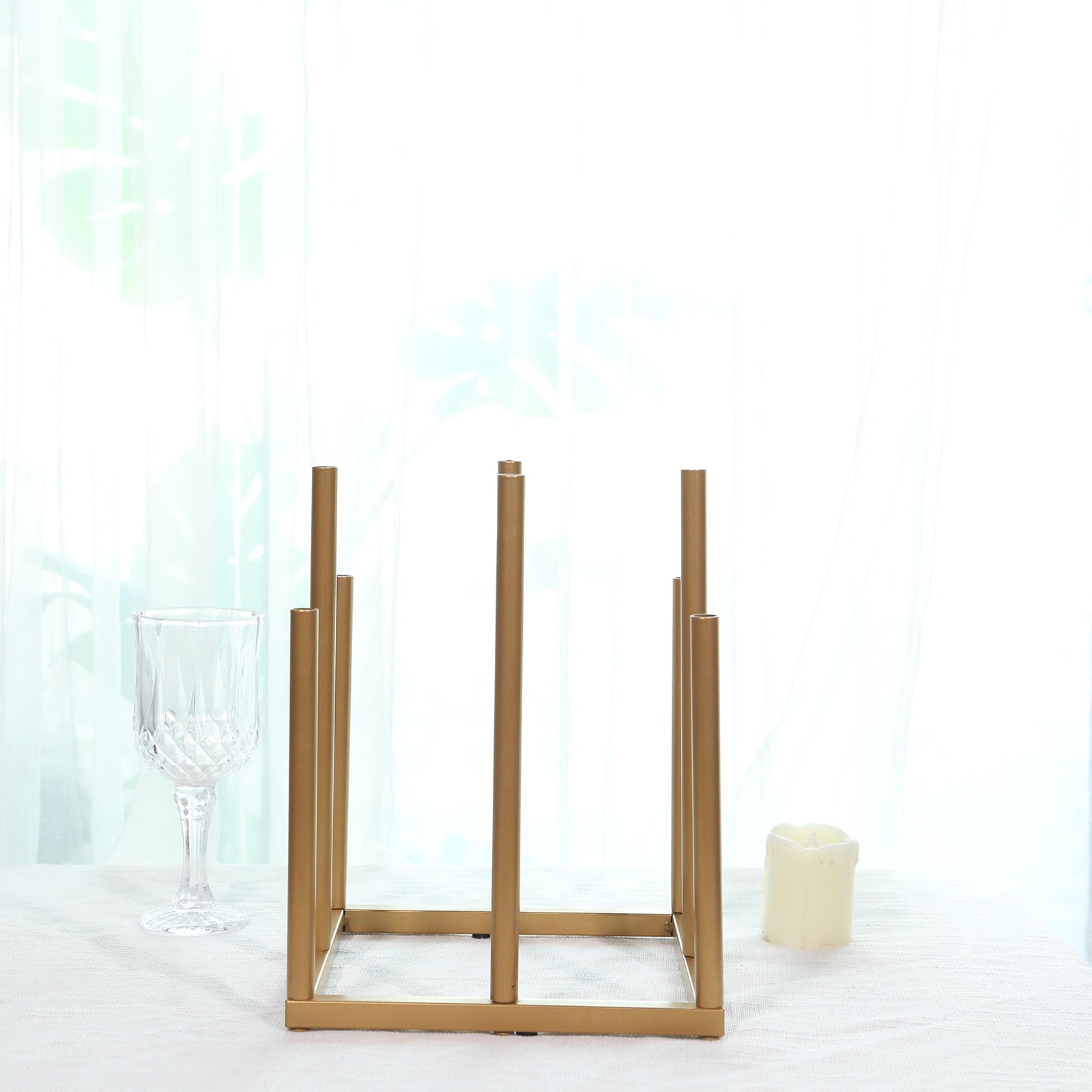 Flower Vase Gold Metal Minimalist 8-Tubes Square Base Design - Single Stem Bud Centerpiece for Arrangements 10"