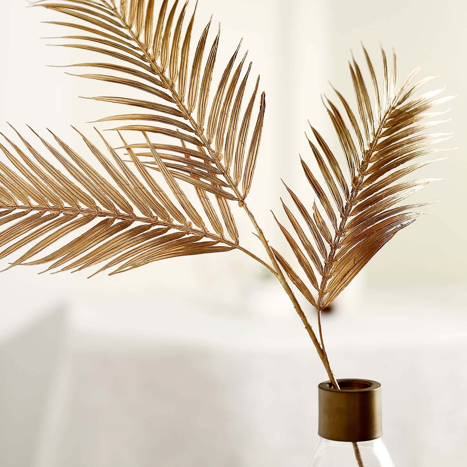 2 Stems Artificial Palm Leaf Branch Metallic Gold - Tropical Faux Stems Vase Filler Floral Backdrop Table Decor 32"