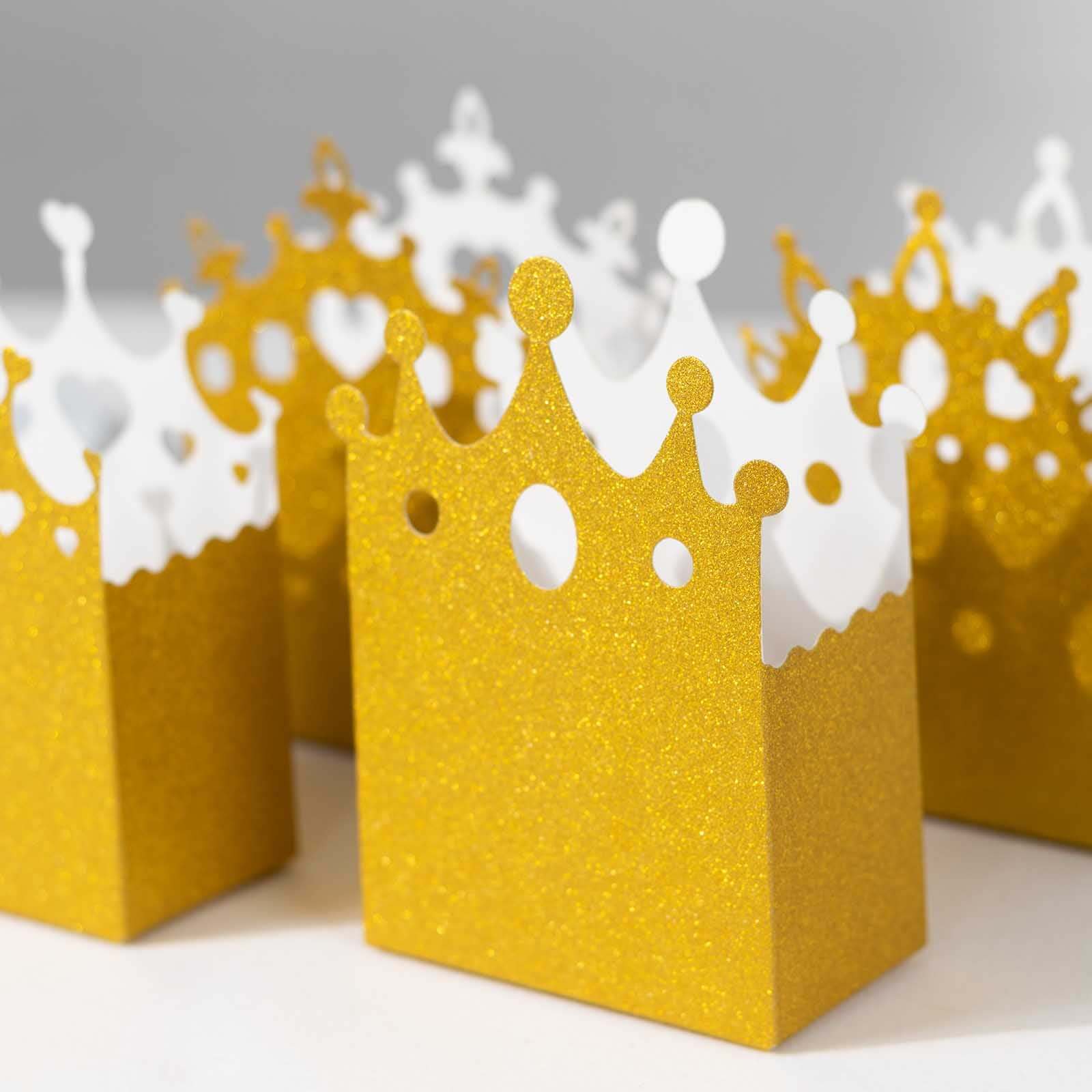 20-Pack Cardstock Favor Boxes Gold Glitter Princess Crown Design - Regal Fantasy Fairytale InspiredTreat Bags for Wedding Birthday Baby Shower Decorations 3.5"x 2"x 5"