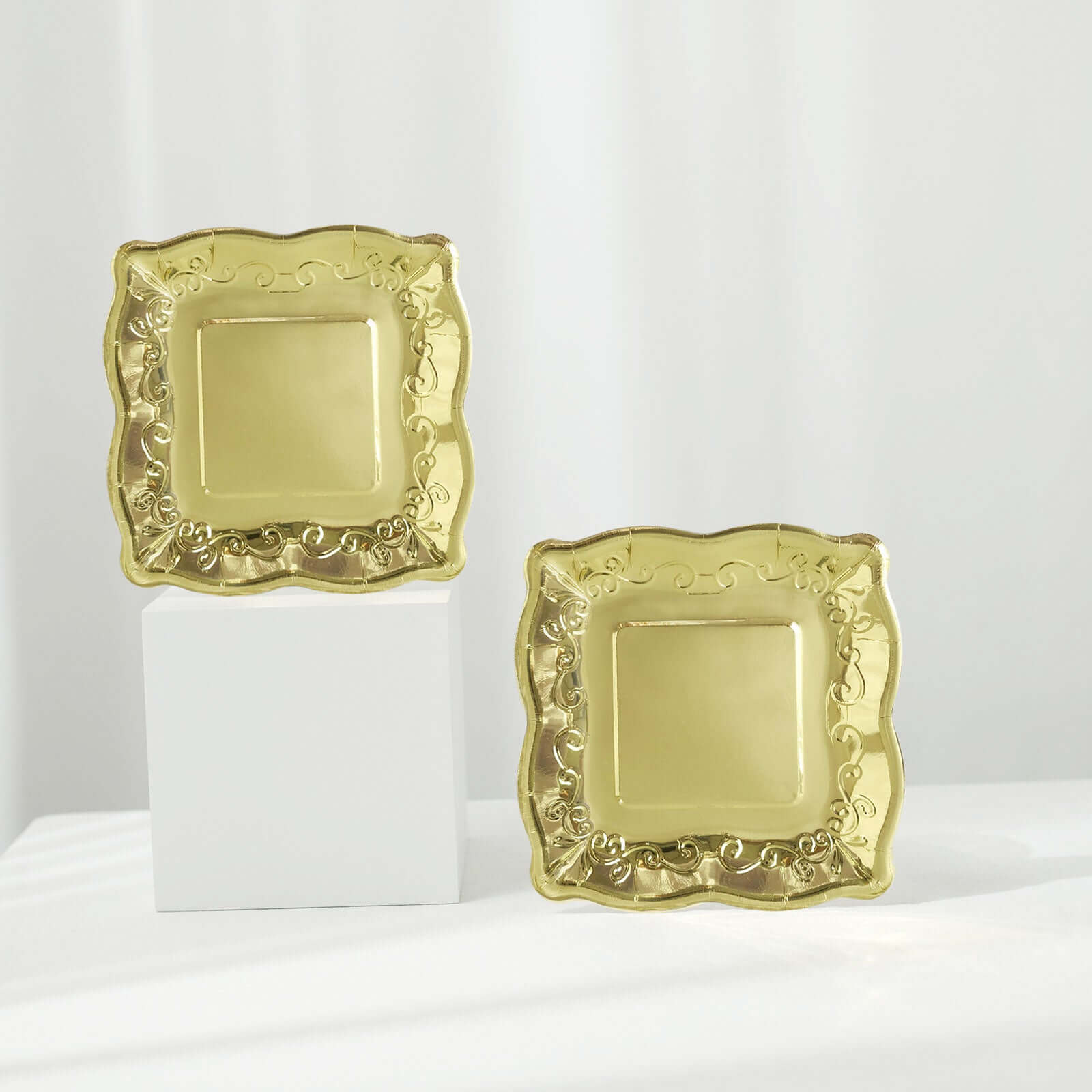 25-Pack Paper 7" Square Dessert Plates in Gold with Vintage Pottery Embossed Design - Shiny Metallic Disposable Appetizer Plates for Luxe Gatherings & Celebrations